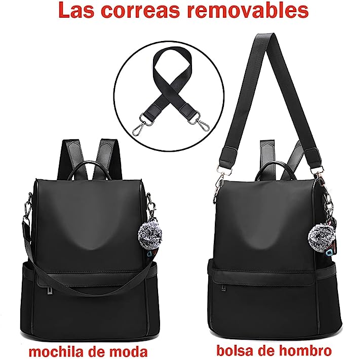 Mochila para mujer bolso de hombro casual bolso de moda impermeable antirrobo, Mochila Negra.
