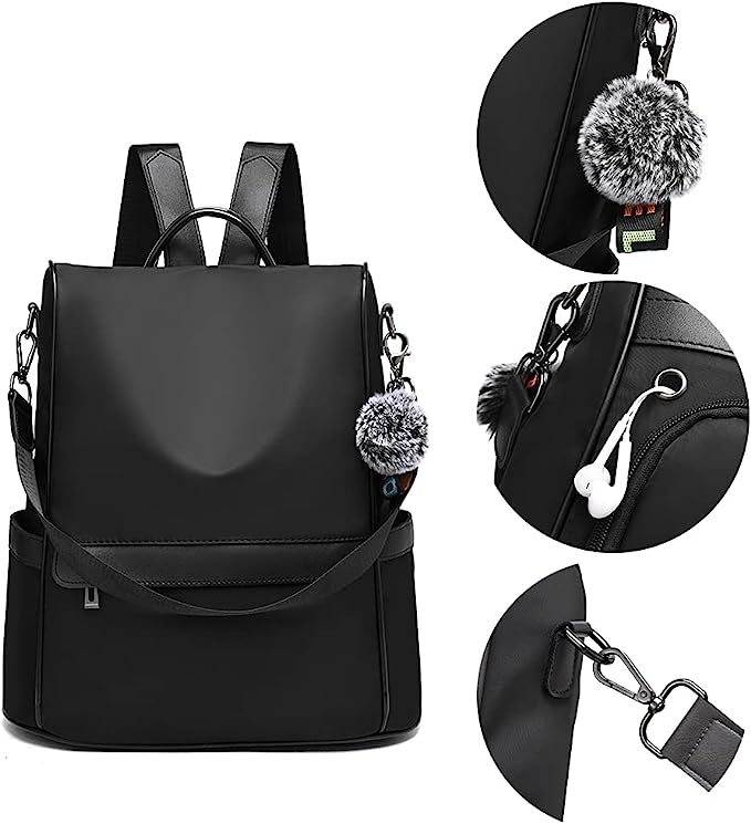 Mochila para mujer bolso de hombro casual bolso de moda impermeable antirrobo, Mochila Negra.