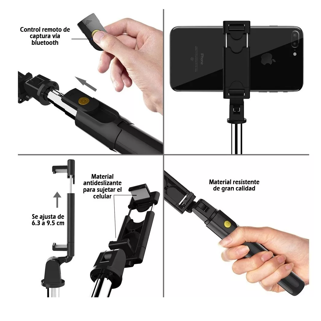 Palo Selfie Trípode Bluetooth Selfie Stick Control Remoto Negro