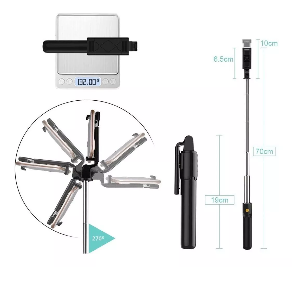 Palo Selfie Trípode Bluetooth Selfie Stick Control Remoto Negro