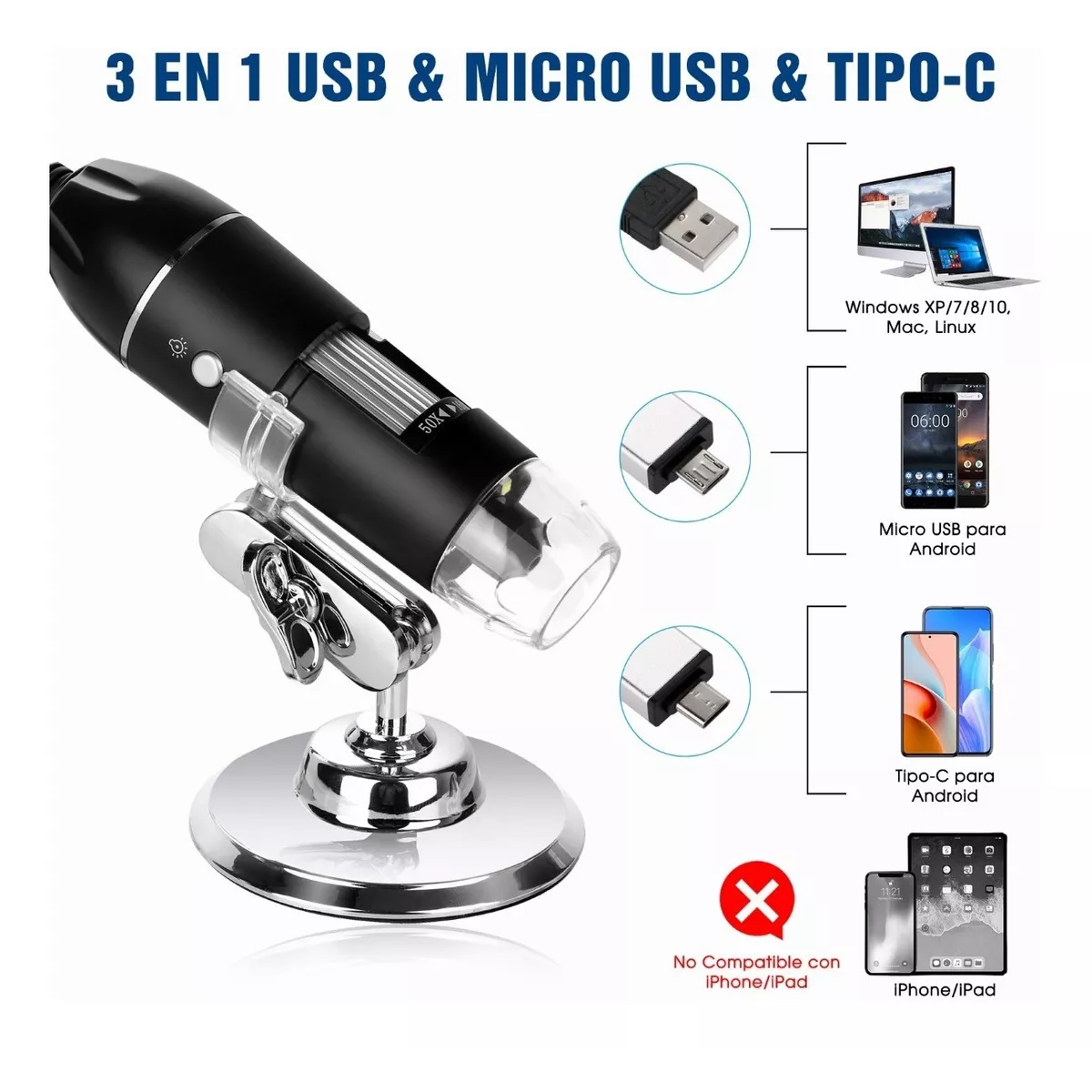 Microscopio de Bolsillo 1600X USB Android LED, app celular