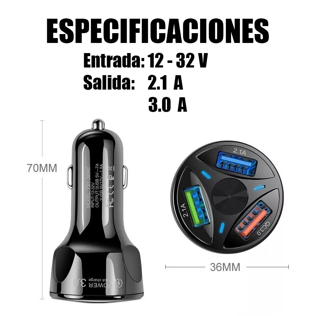 Cargador Para Auto De 3 Usb Carga Rápida Inteligente Qc 3.0