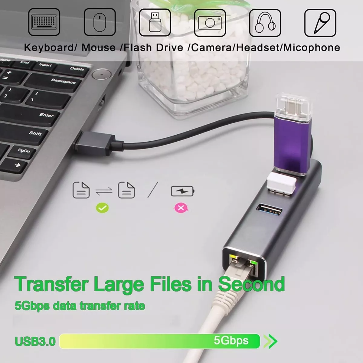 Adaptador Usb C A Ethernet Rj45 Red Lan Con 3 Usb3.0