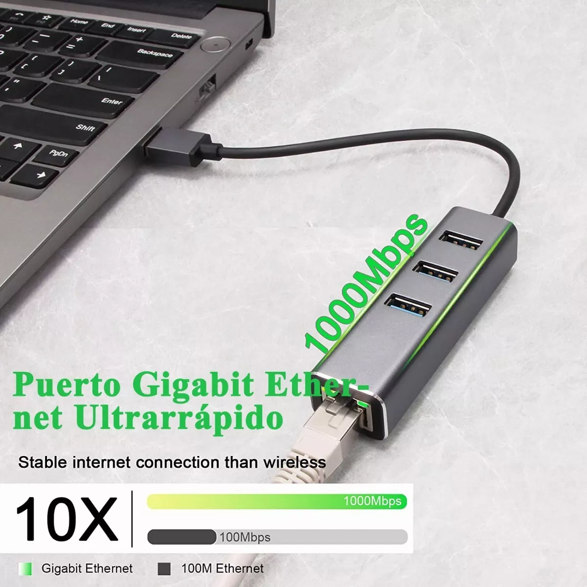 Adaptador Usb C A Ethernet Rj45 Red Lan Con 3 Usb3.0