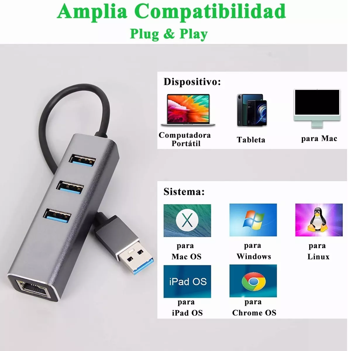 Adaptador Usb C A Ethernet Rj45 Red Lan Con 3 Usb3.0
