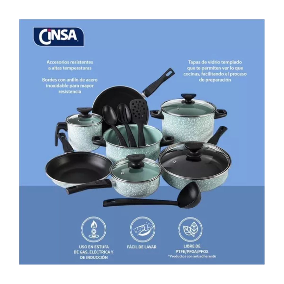 Batería De Cocina Cinsa Granito Jade Menta 15 Piezas Verde Negro
