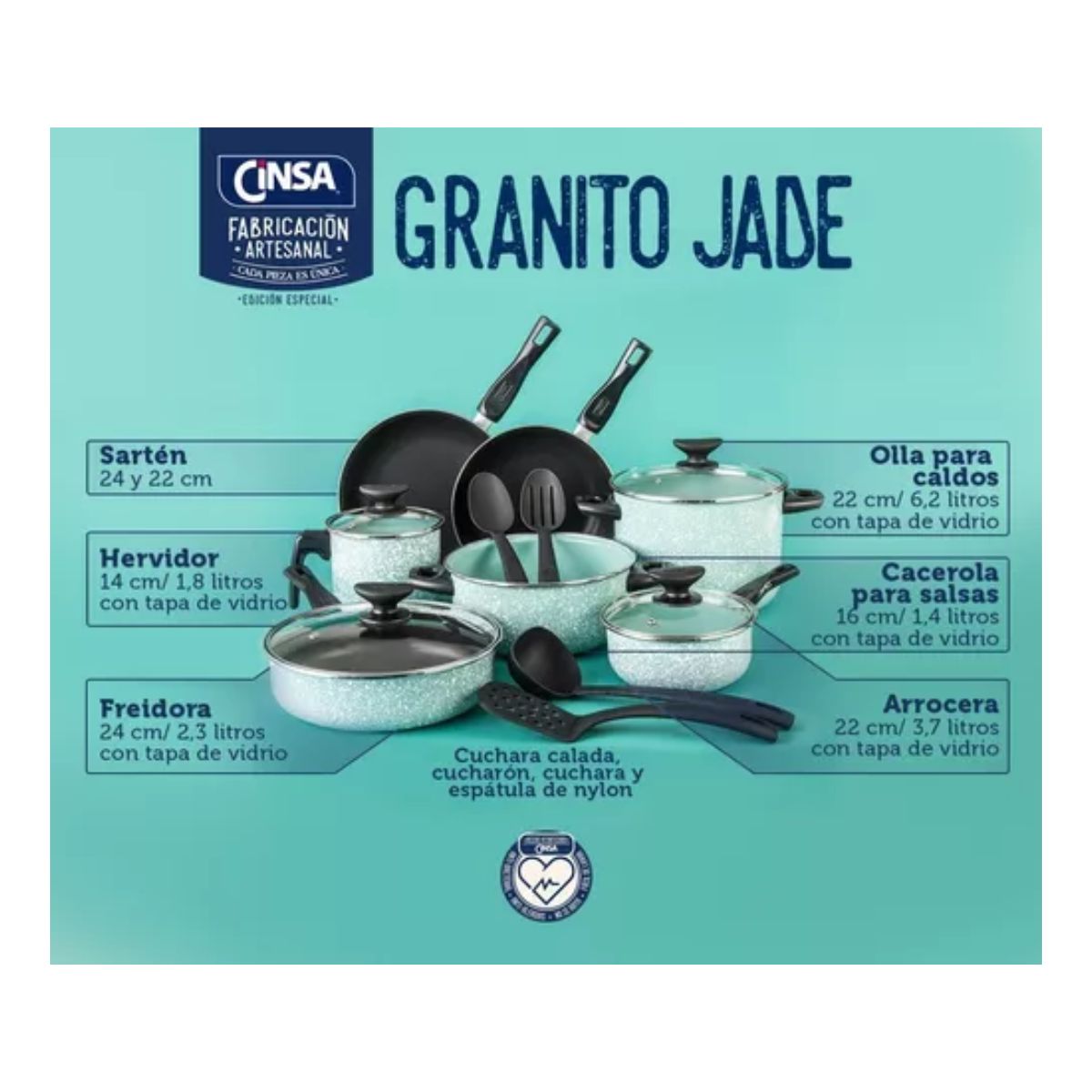 Batería De Cocina Cinsa Granito Jade Menta 15 Piezas Verde Negro