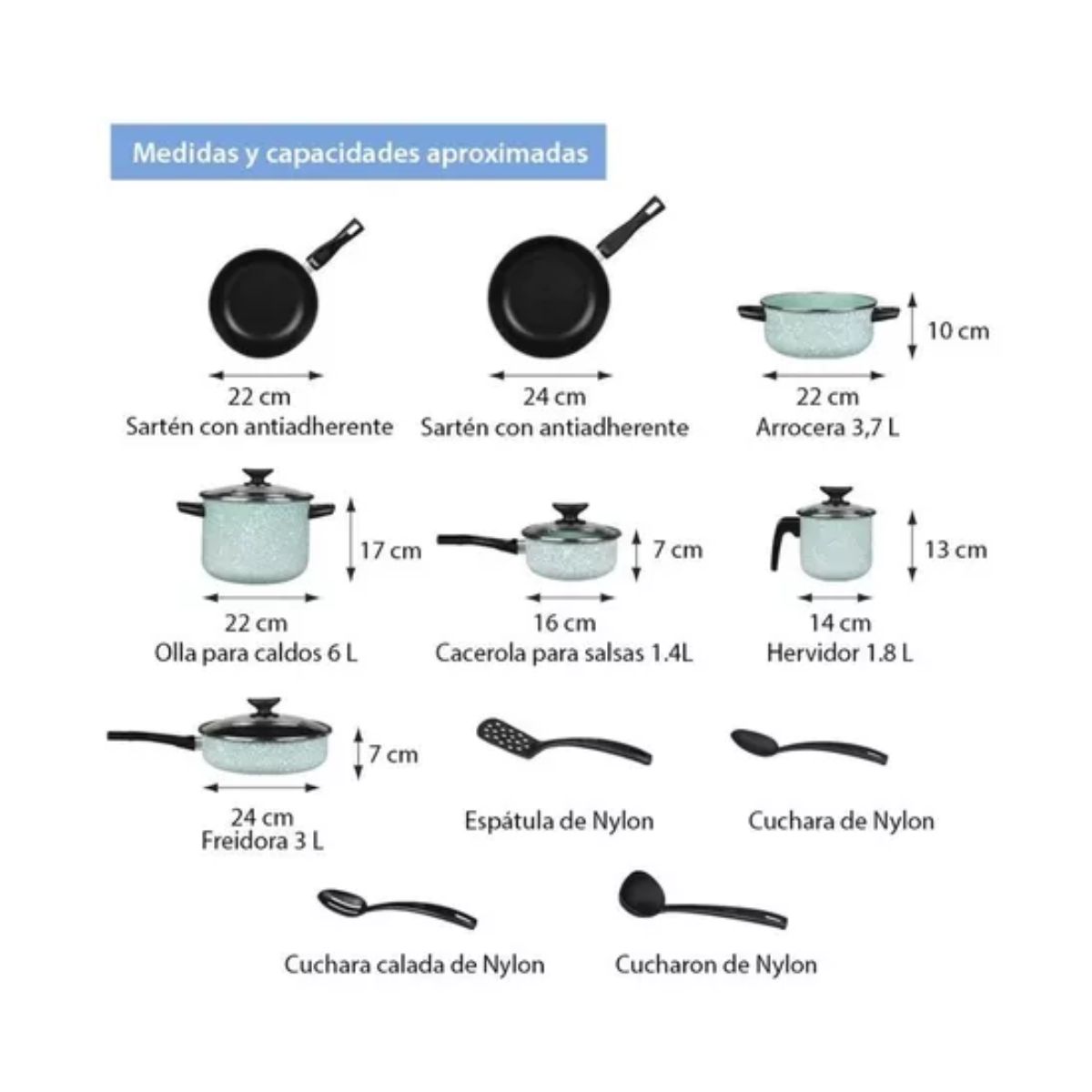 Batería De Cocina Cinsa Granito Jade Menta 15 Piezas Verde Negro