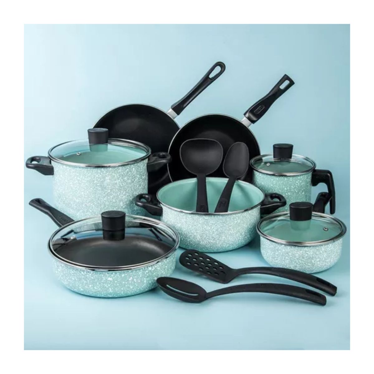 Batería De Cocina Cinsa Granito Jade Menta 15 Piezas Verde Negro