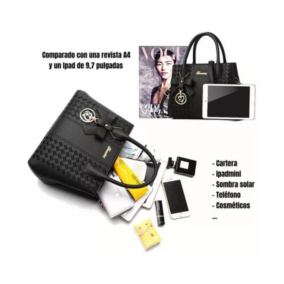 Bolso Mano Tote Bolsa Mochila Mujer Gran Capacidad Ligero Negro