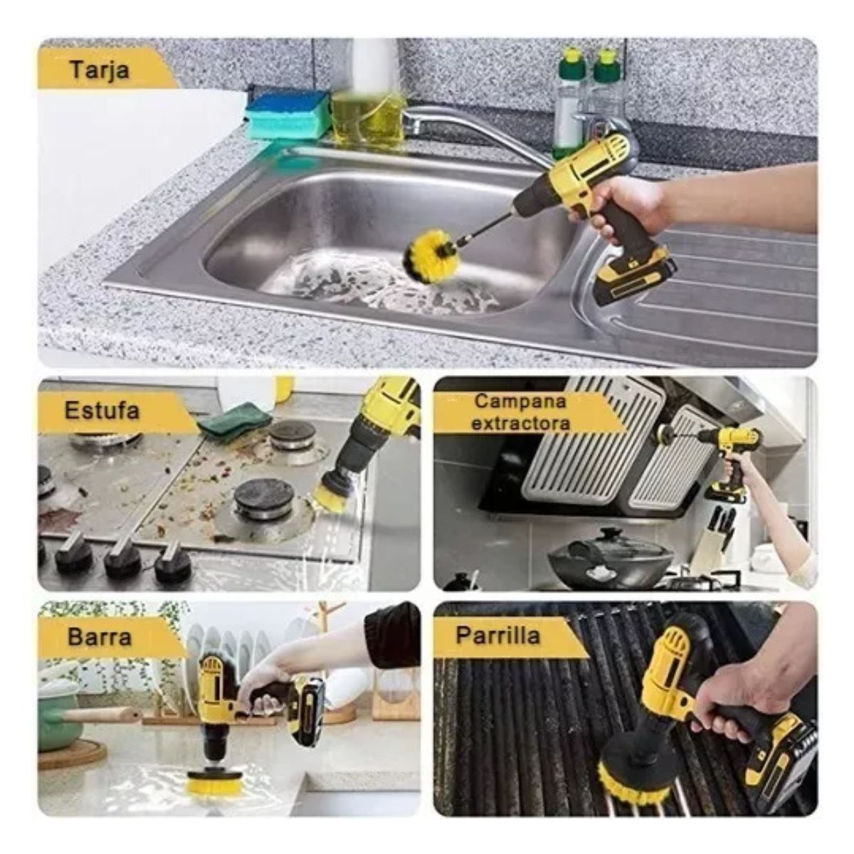 Cepillo Taladro Limpieza Escobilla Multiuso Cabezal 4 Piezas Amarillo