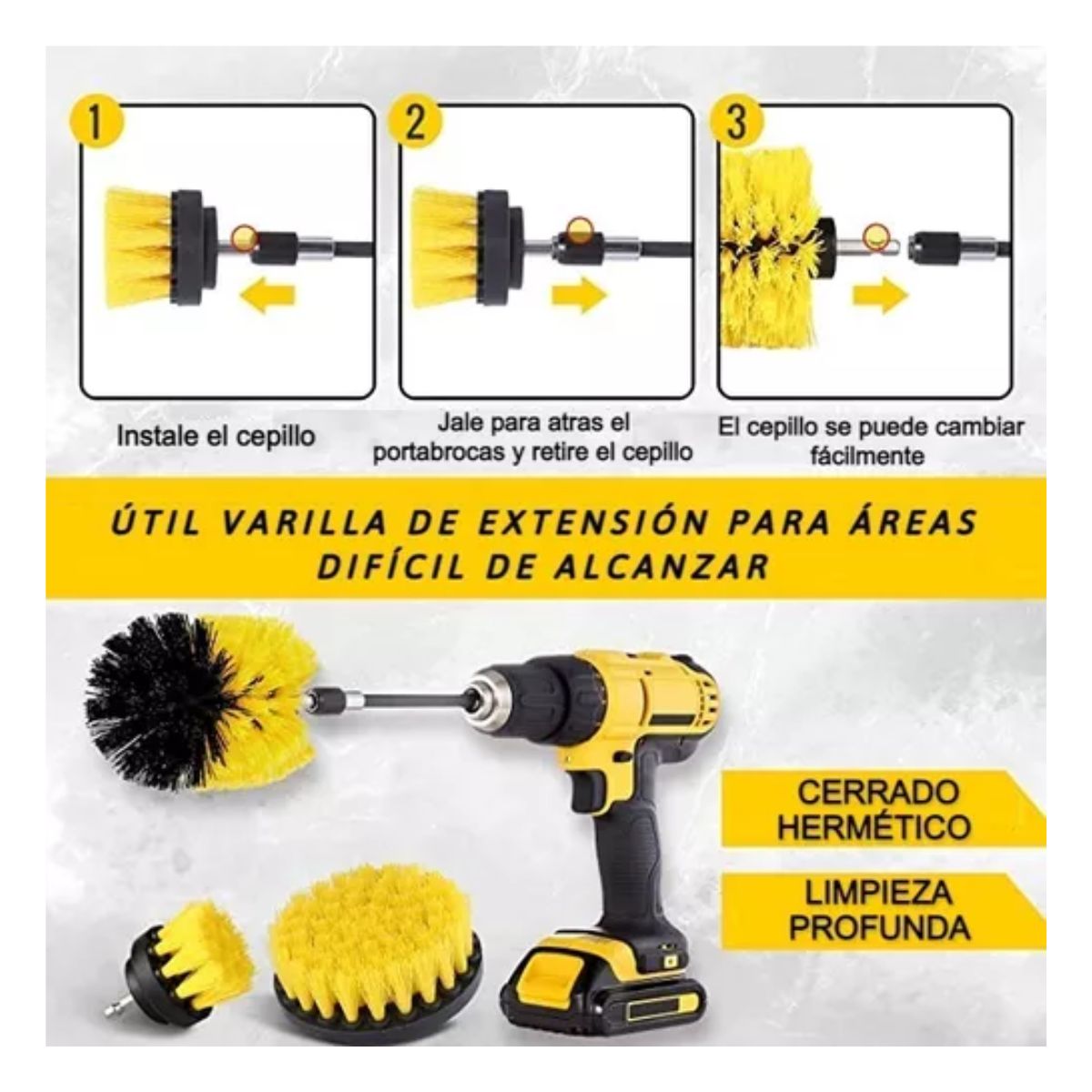 Cepillo Taladro Limpieza Escobilla Multiuso Cabezal 4 Piezas Amarillo