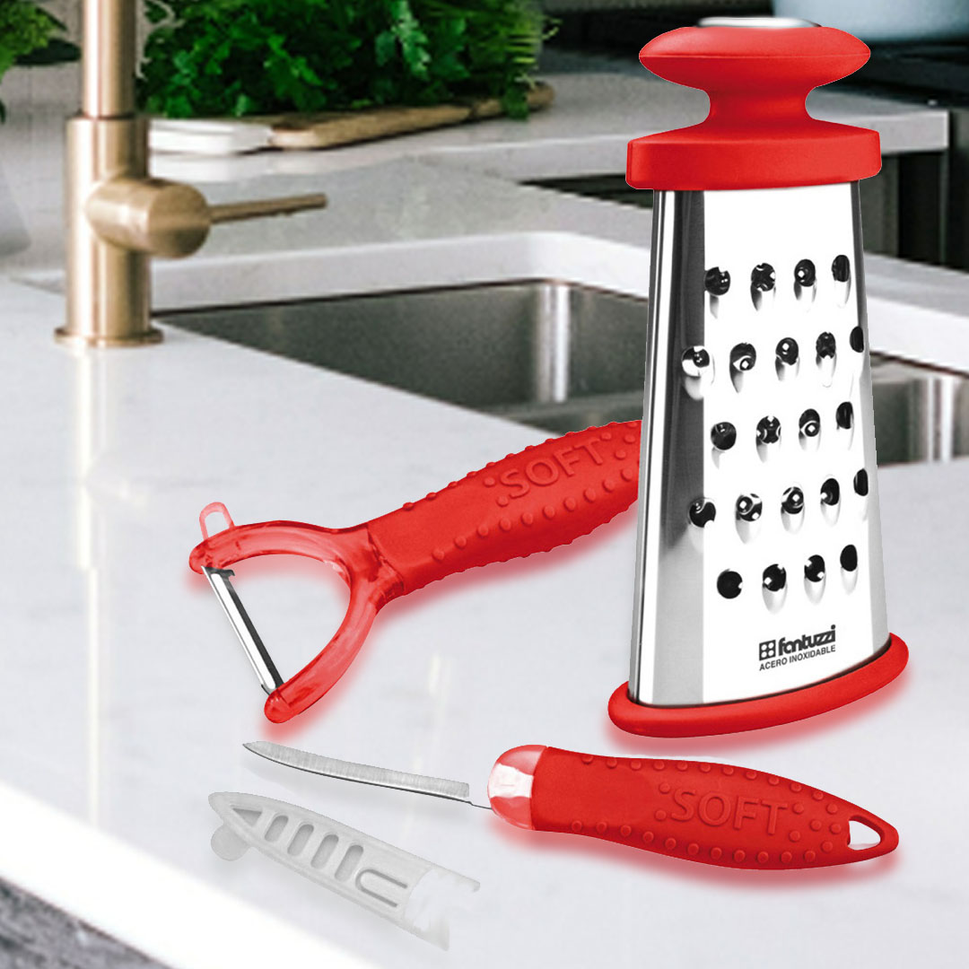 UTENSILIOS DE COCINA 3 PZAS LUGANO ACERO INOXIDABLE MANGO ERGONOMICO ROJO MAGEFESA