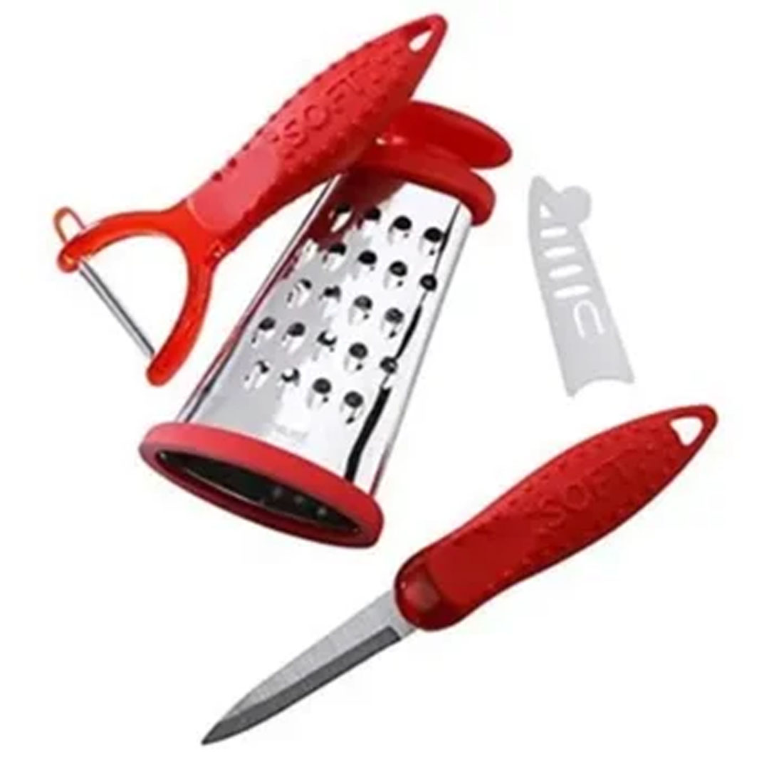 UTENSILIOS DE COCINA 3 PZAS LUGANO ACERO INOXIDABLE MANGO ERGONOMICO ROJO MAGEFESA