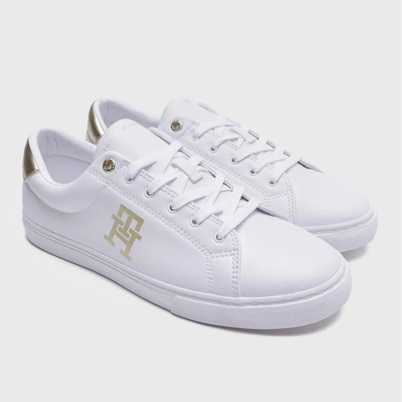 Tenis Tommy Hilfiger Gold Crest Blanco Dorado Dama Original.