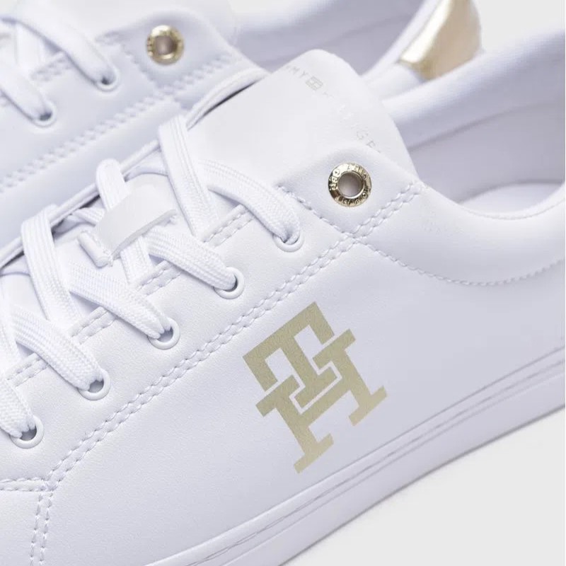 Tenis Tommy Hilfiger Gold Crest Blanco Dorado Dama Original.