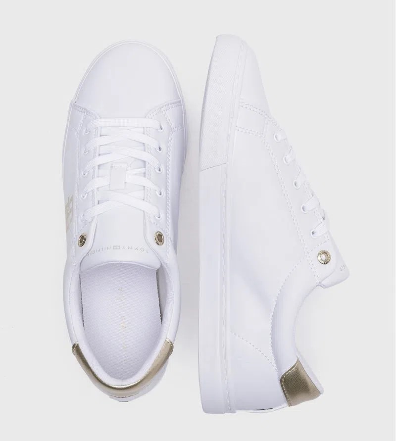 Tenis Tommy Hilfiger Gold Crest Blanco Dorado Dama Original.