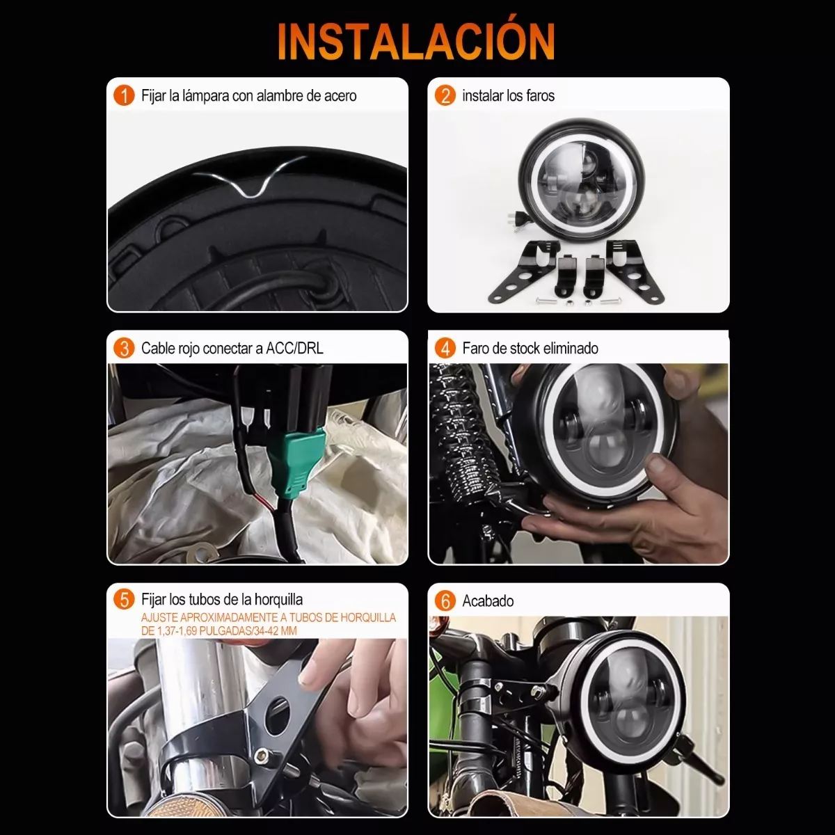 Faro Para Moto Universal + Carcasa Y Soporte De 7 Pulgadas