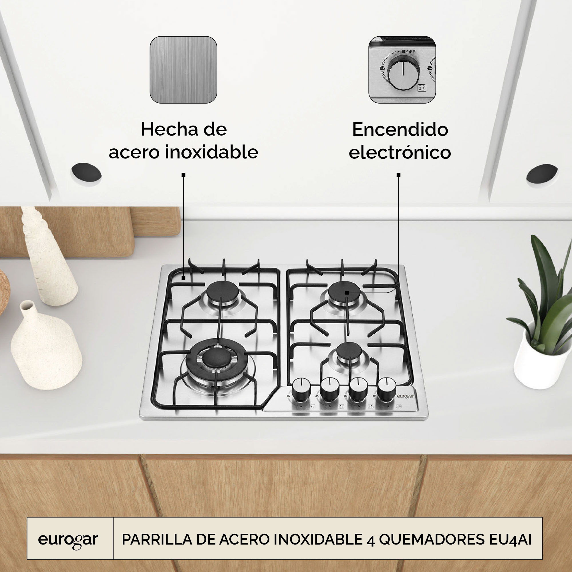 EUROGAR Parrilla A Gas 4 Quemadores Acero Inoxidable EU4AI 