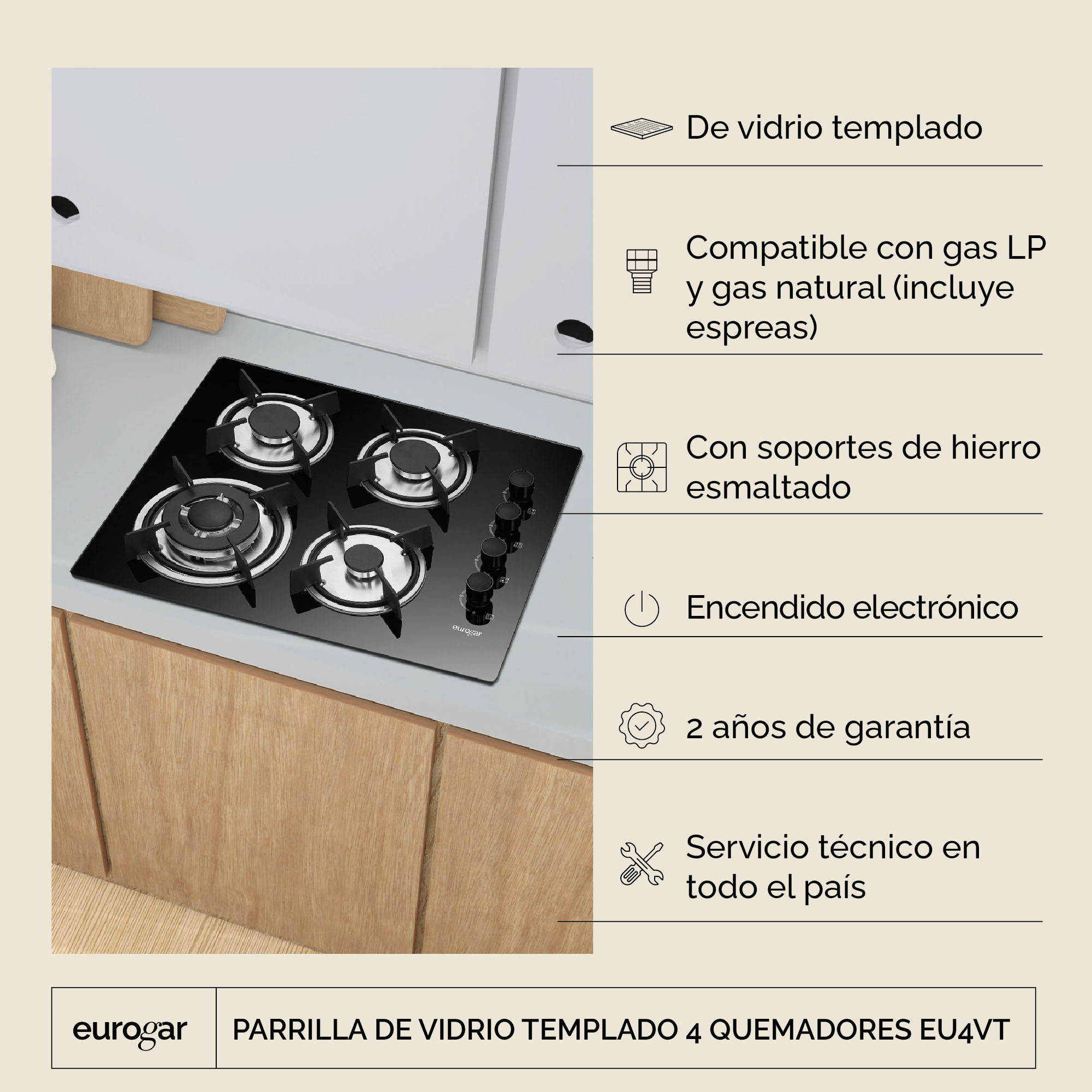 Parrilla A Gas 4 Quemadores Vidrio Templado Eurogar EU4VT
