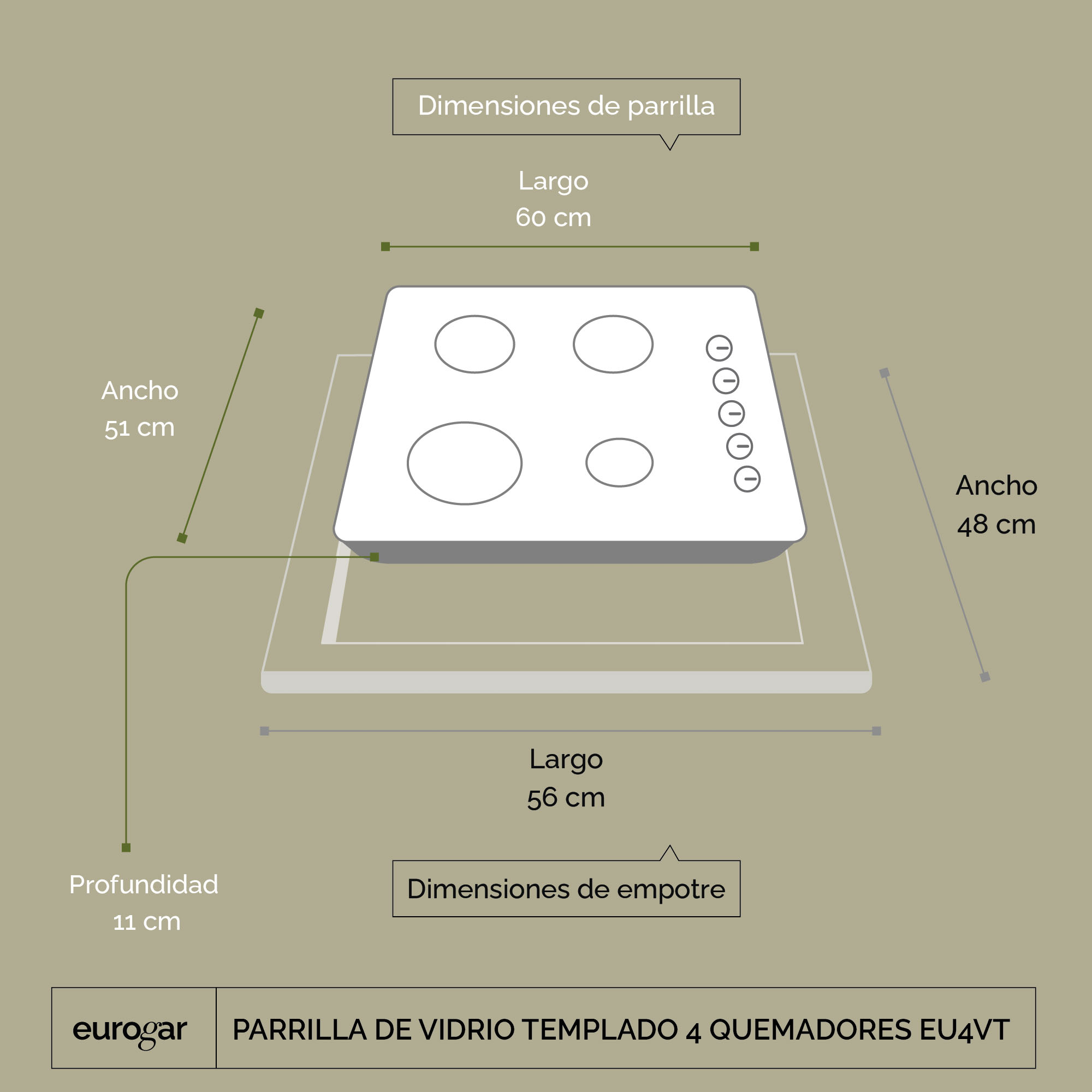 Parrilla A Gas 4 Quemadores Vidrio Templado Eurogar EU4VT