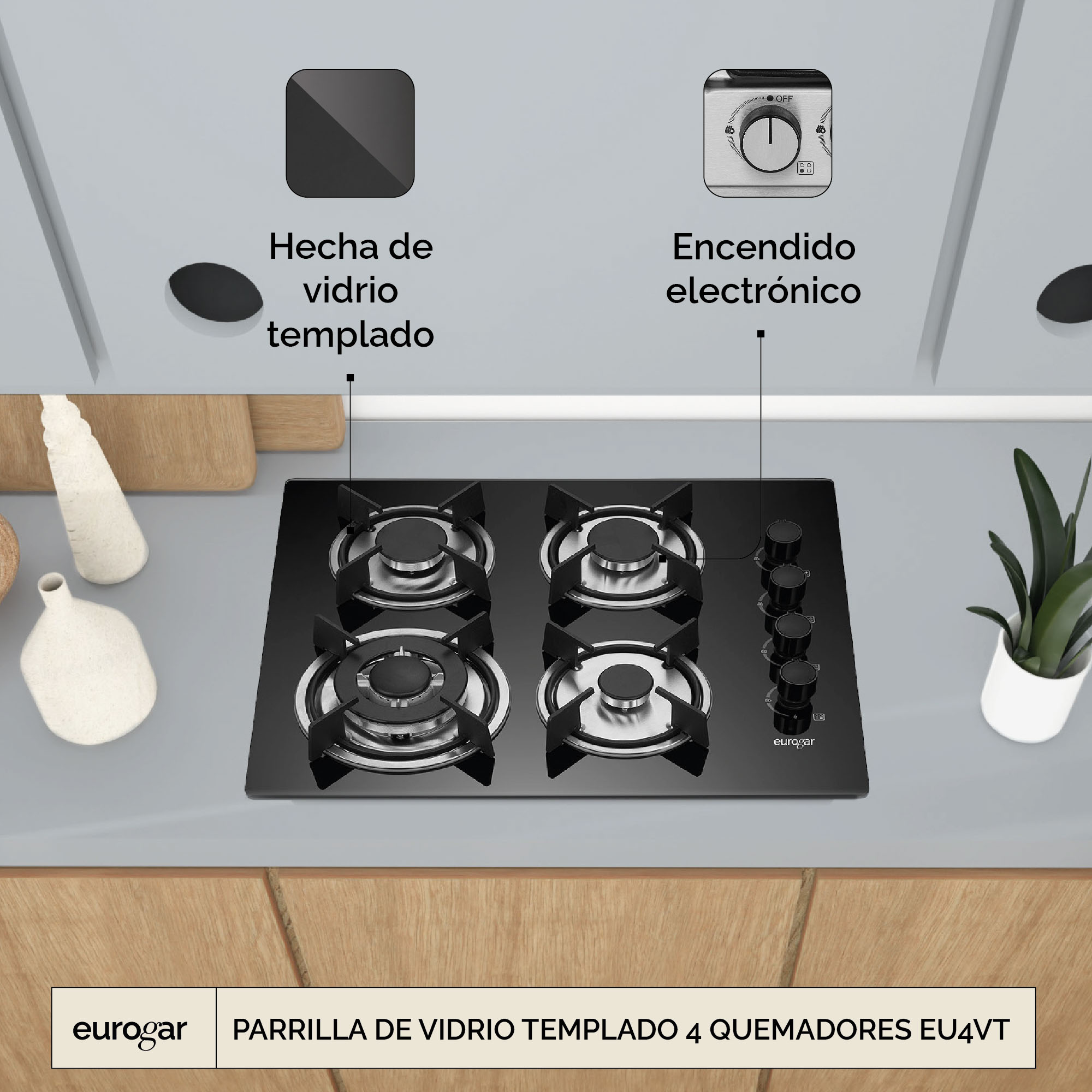 Parrilla A Gas 4 Quemadores Vidrio Templado Eurogar EU4VT