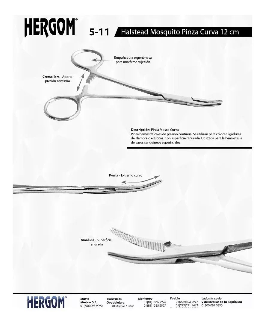 Pinza Mosquito Halstead Curva 12cm Acero Inoxidable Hergom