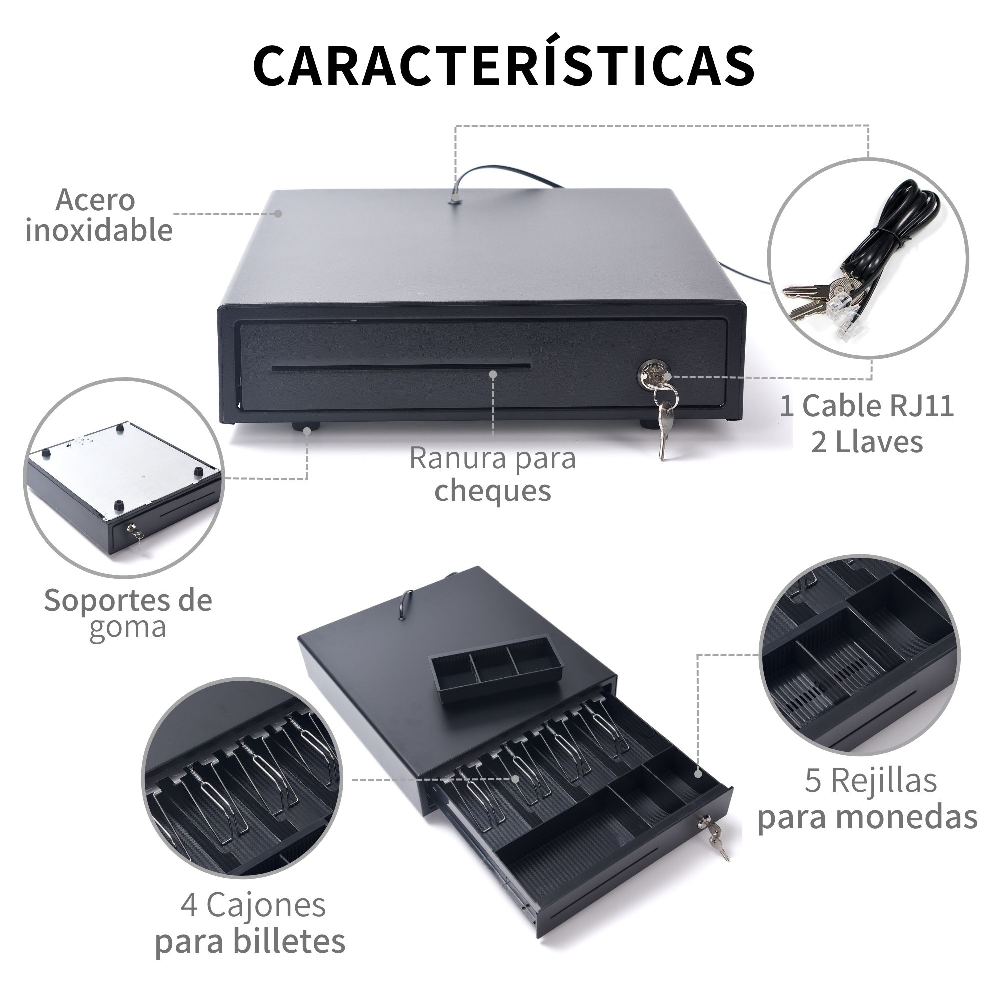 Cajon De Dinero Metalico 4 Billetes 5 Monedas Cable Rj11