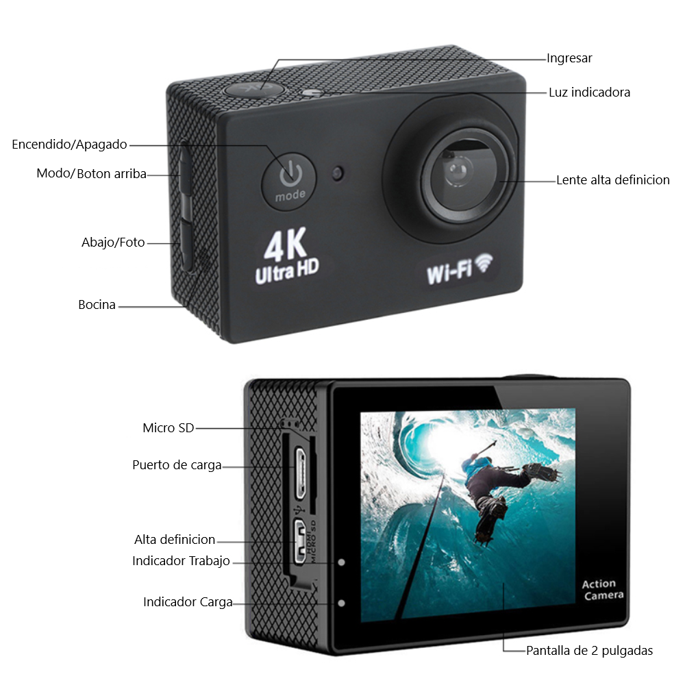 Cámara Acción azul Ultra HD 4K WiFi impermeable acuático vídeo Deportivas deportes aire libre