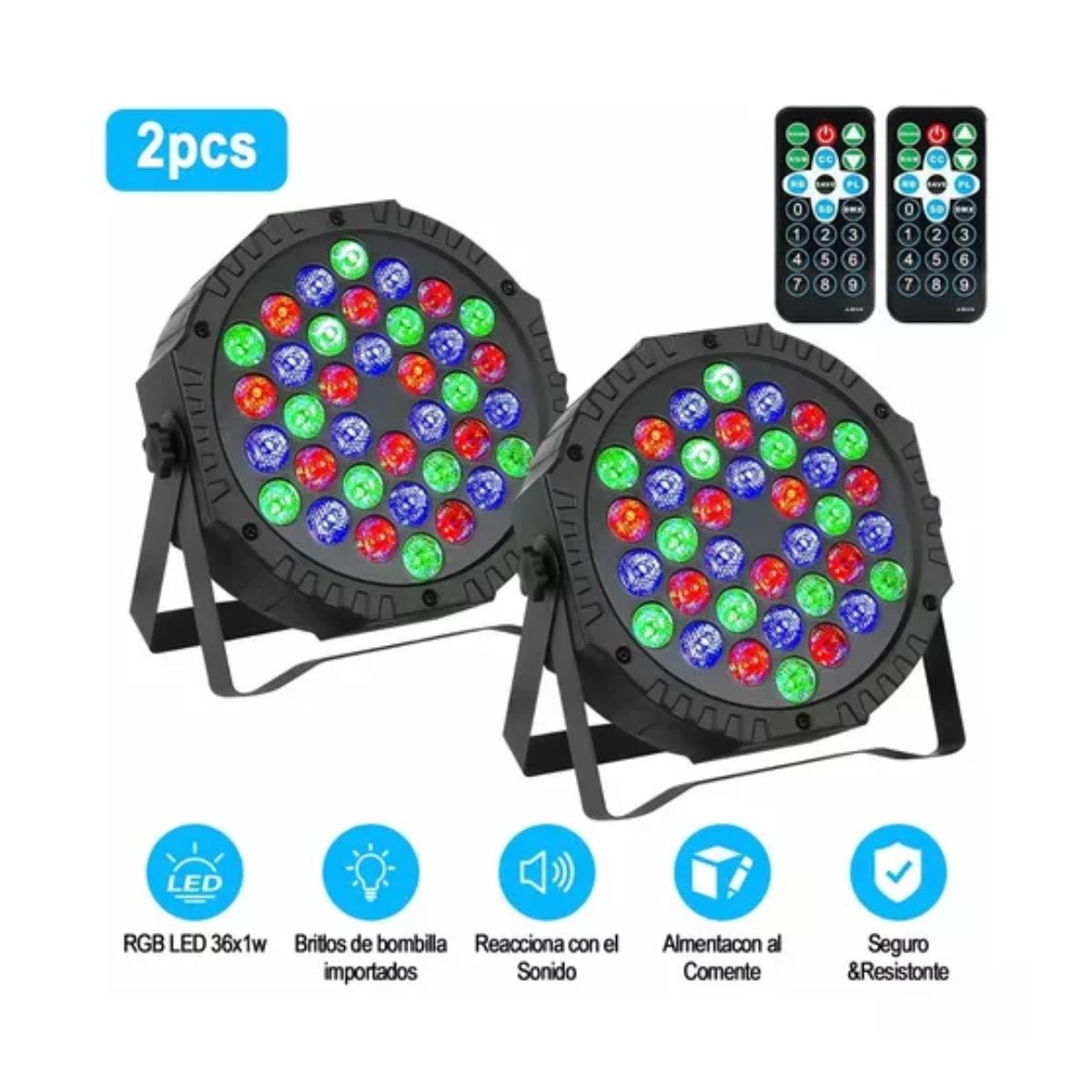 2 PACK CAÑÓN LED 36X1 LUCES AUDIO RÍTMICO MULTICOLOR FIESTAS NEGRO