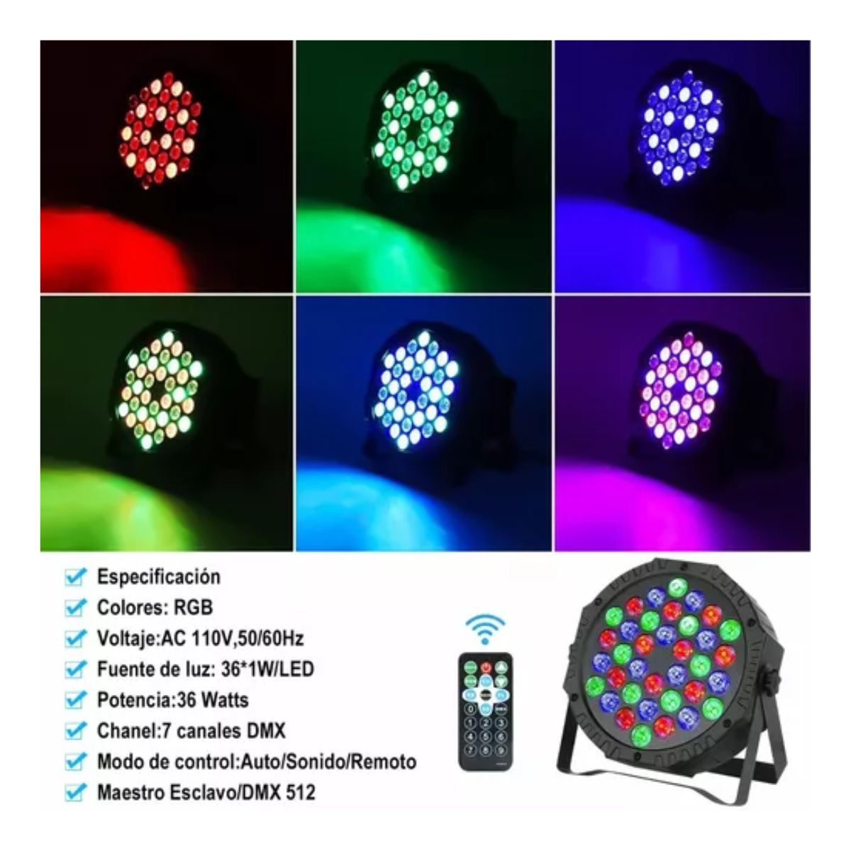 2 PACK CAÑÓN LED 36X1 LUCES AUDIO RÍTMICO MULTICOLOR FIESTAS NEGRO