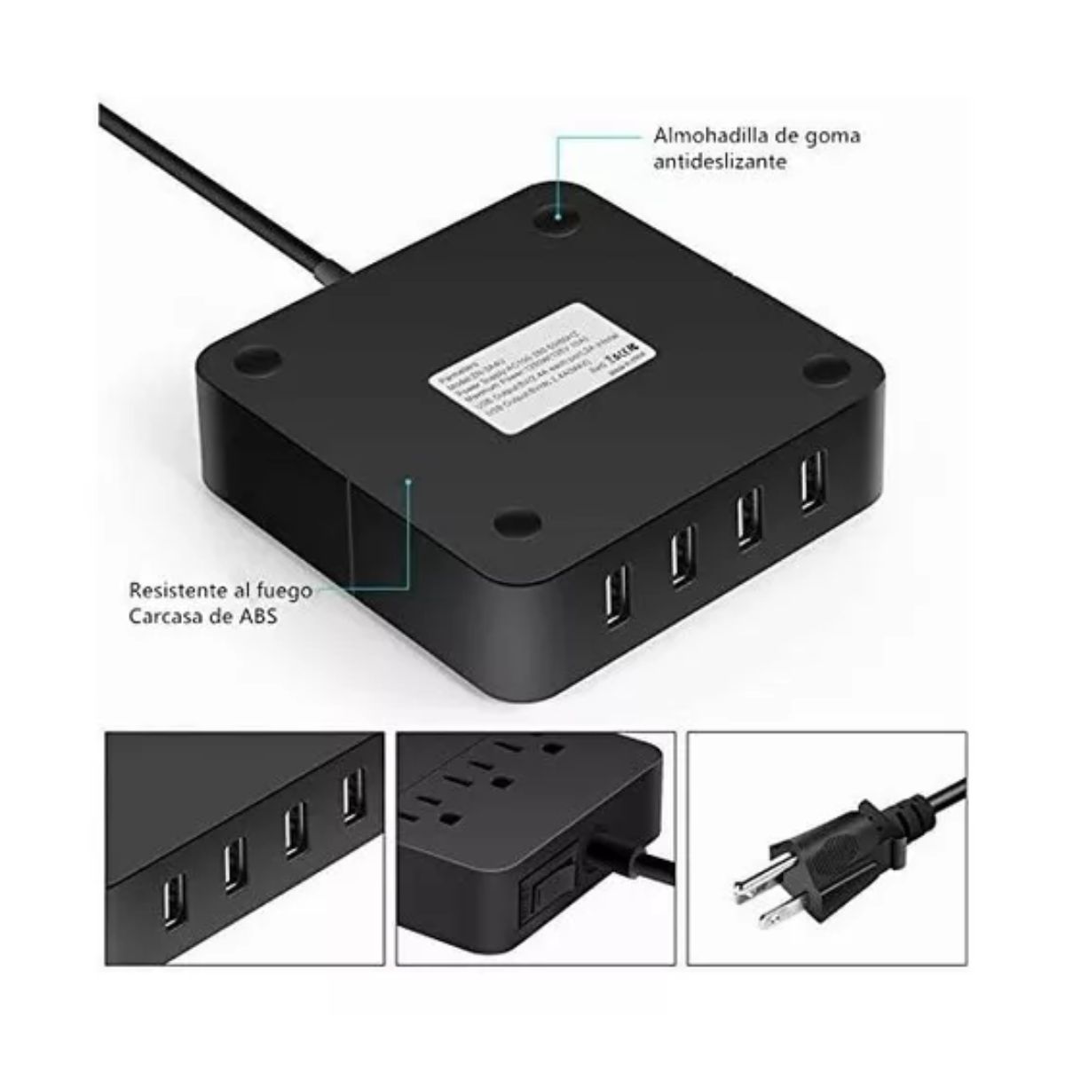 Regleta Multicontactos Premium De 3 Salidas Y 4 Puertos Usb negro