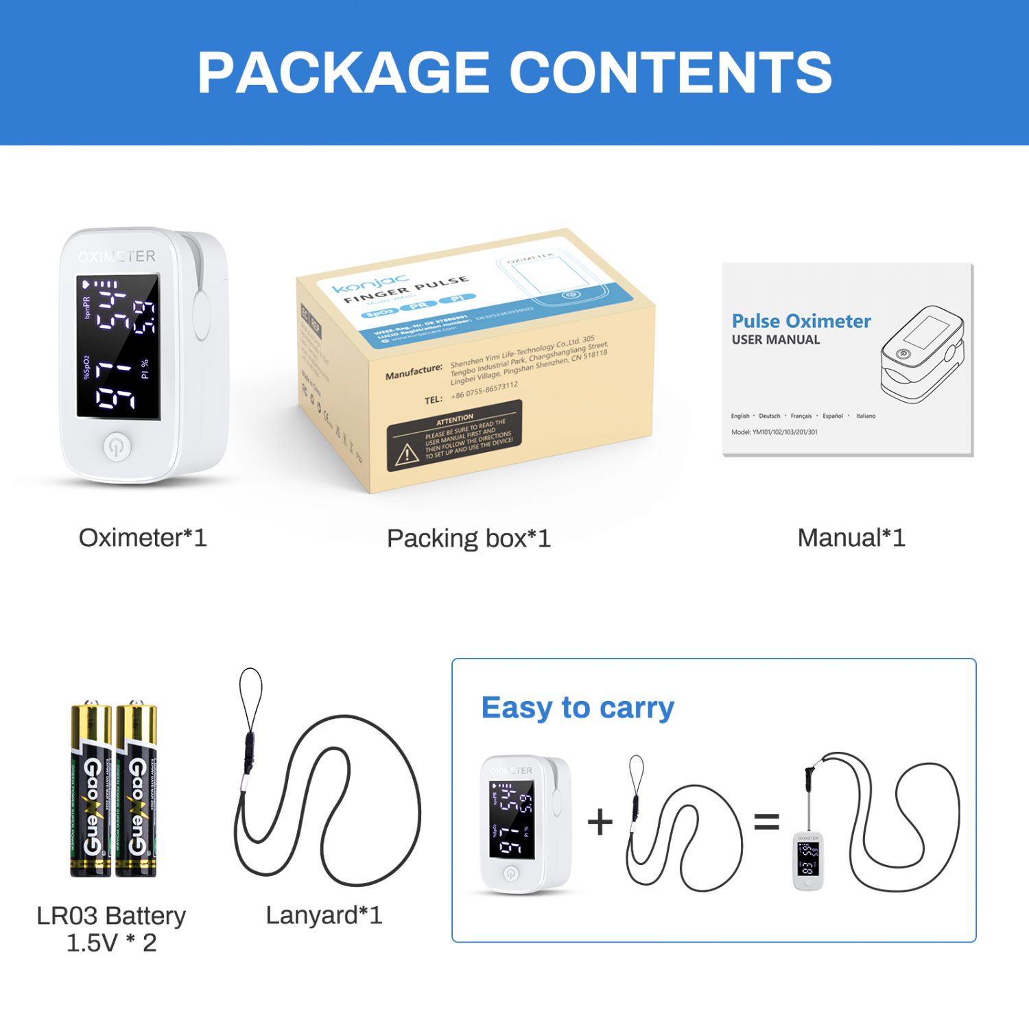 Oxímetro de Pulso para Adulto, Konjac YM101, con Display Lcd color Rojo