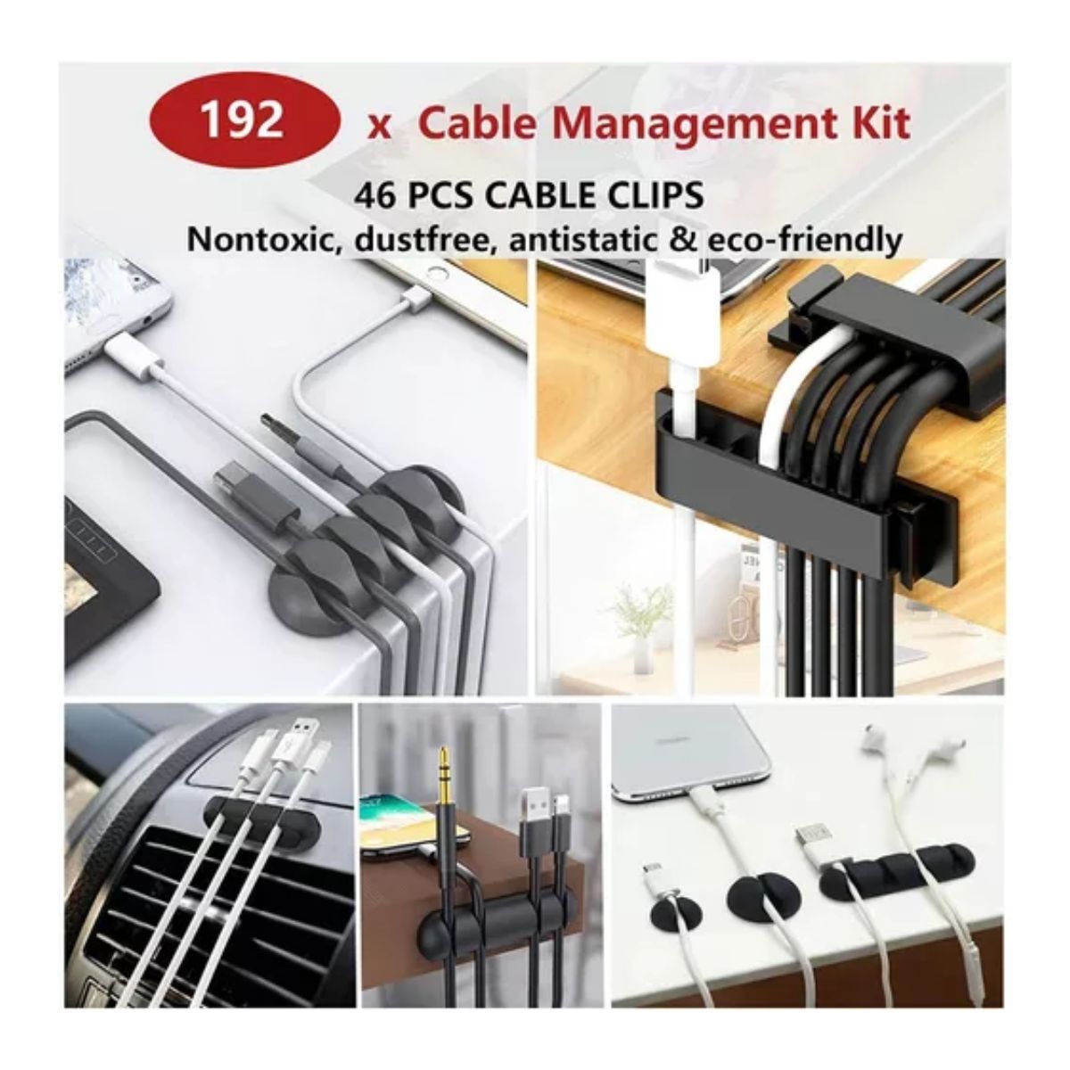 152 Kit Multifunción Organizador Cables Adhesivo Antinudos Negro