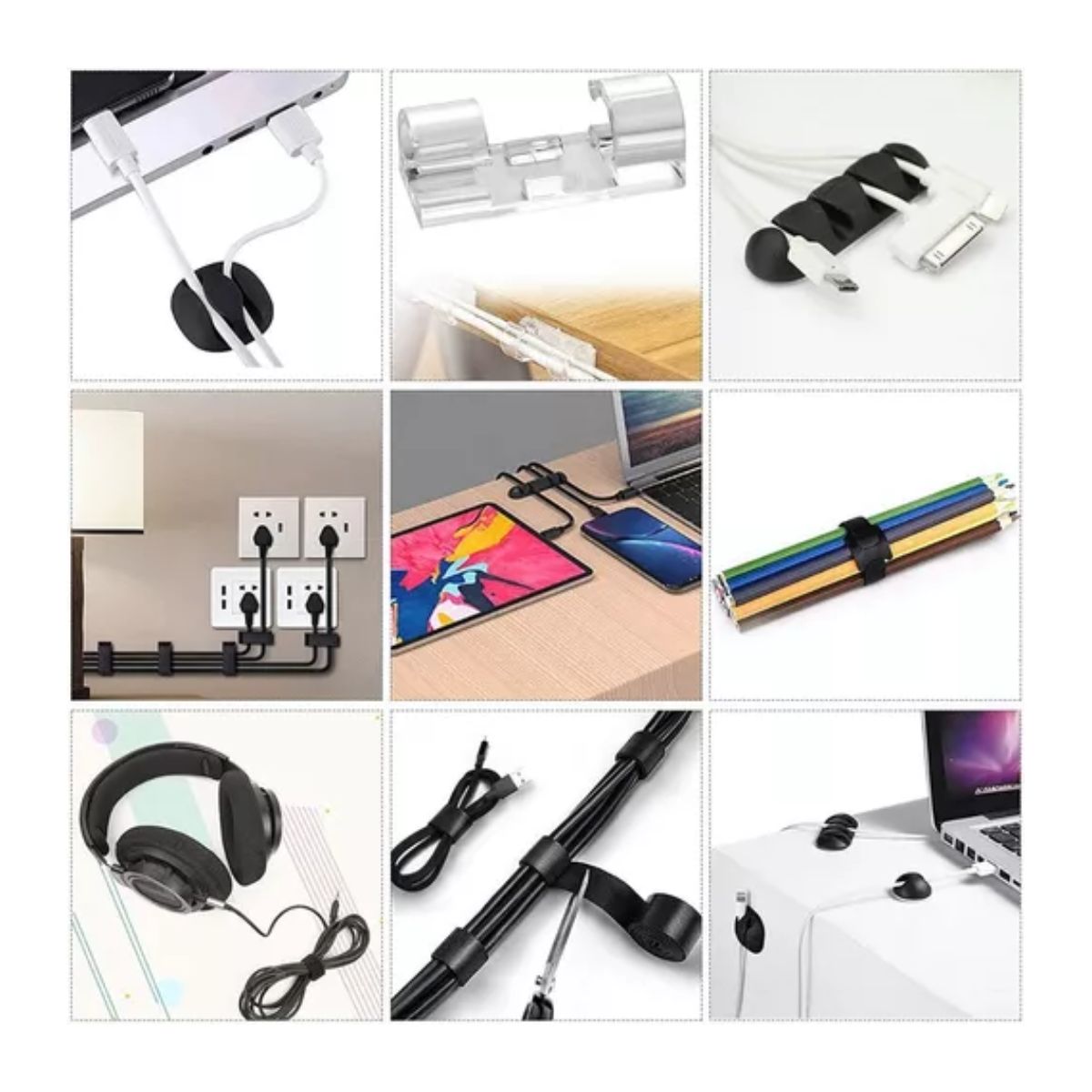 152 Kit Multifunción Organizador Cables Adhesivo Antinudos Negro