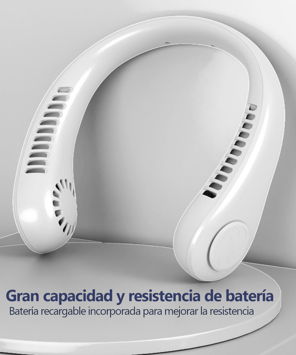 Ventilador para Cuello, portátil personal, USB, Recargable, de 3 Velocidades, silencioso y manos libres. Color Blanco.