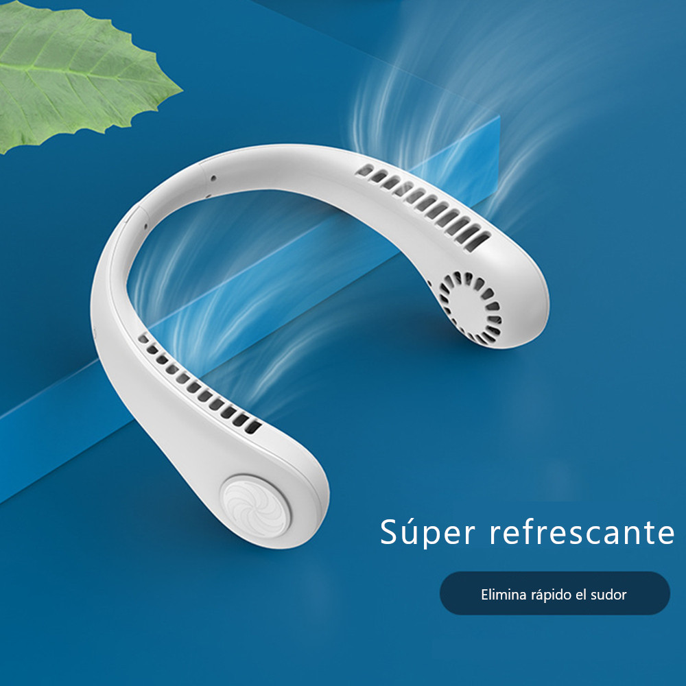 Ventilador para Cuello, portátil personal, USB, Recargable, de 3 Velocidades, silencioso y manos libres. Color Blanco.