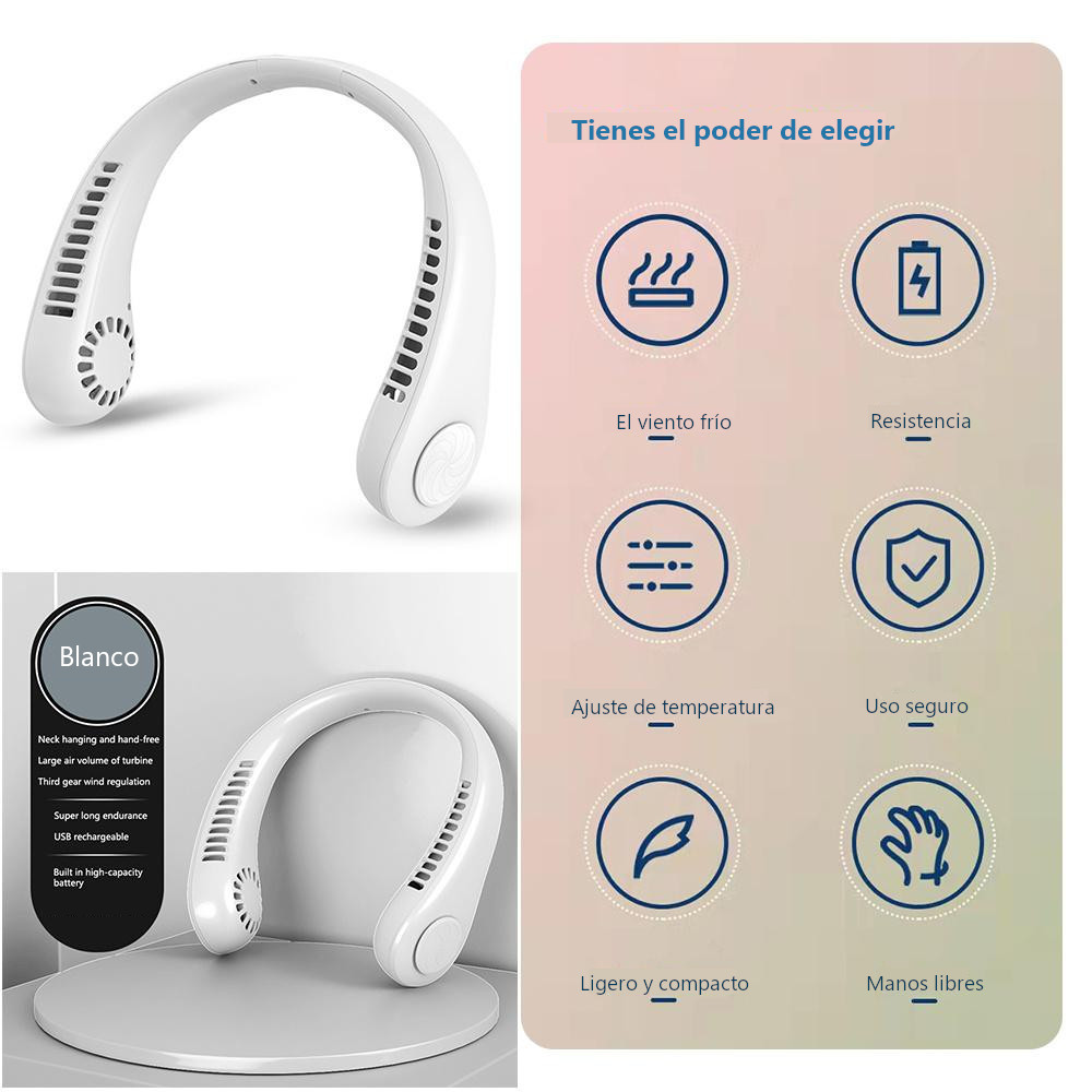 Ventilador para Cuello, portátil personal, USB, Recargable, de 3 Velocidades, silencioso y manos libres. Color Blanco.