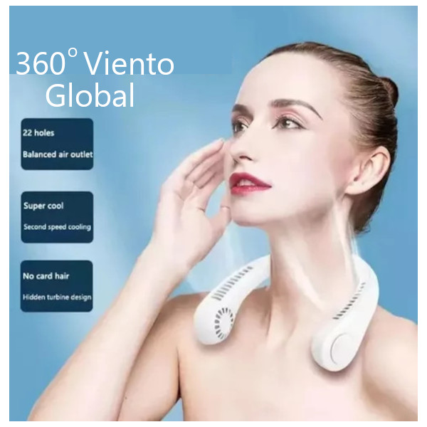 Ventilador para Cuello, portátil personal, USB, Recargable, de 3 Velocidades, silencioso y manos libres. Color Blanco.