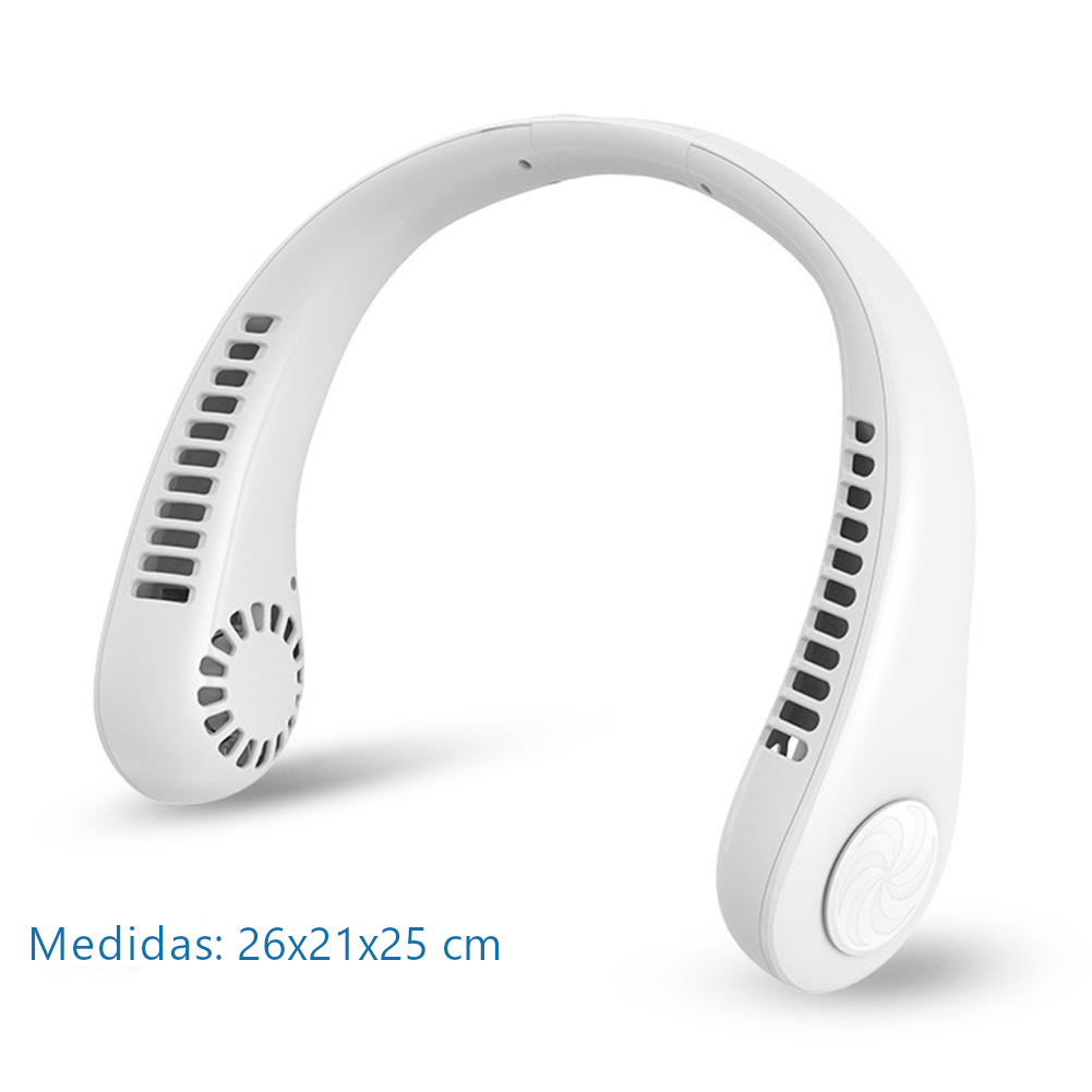 Ventilador para Cuello, portátil personal, USB, Recargable, de 3 Velocidades, silencioso y manos libres. Color Blanco.