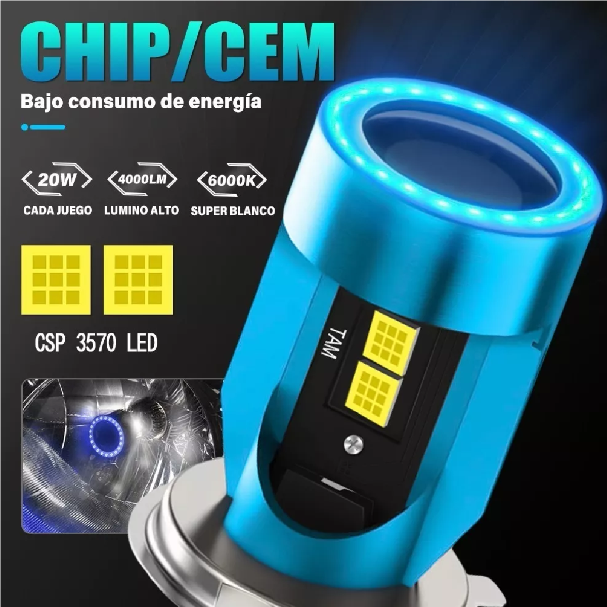 Faros Led Para Moto H4 9003 Hb2 Ojos De Angel 12v-80v 60w Azul