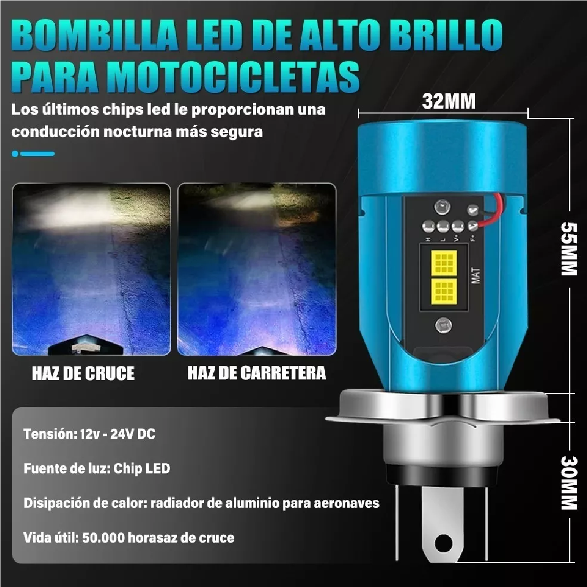 Faros Led Para Moto H4 9003 Hb2 Ojos De Angel 12v-80v 60w Azul