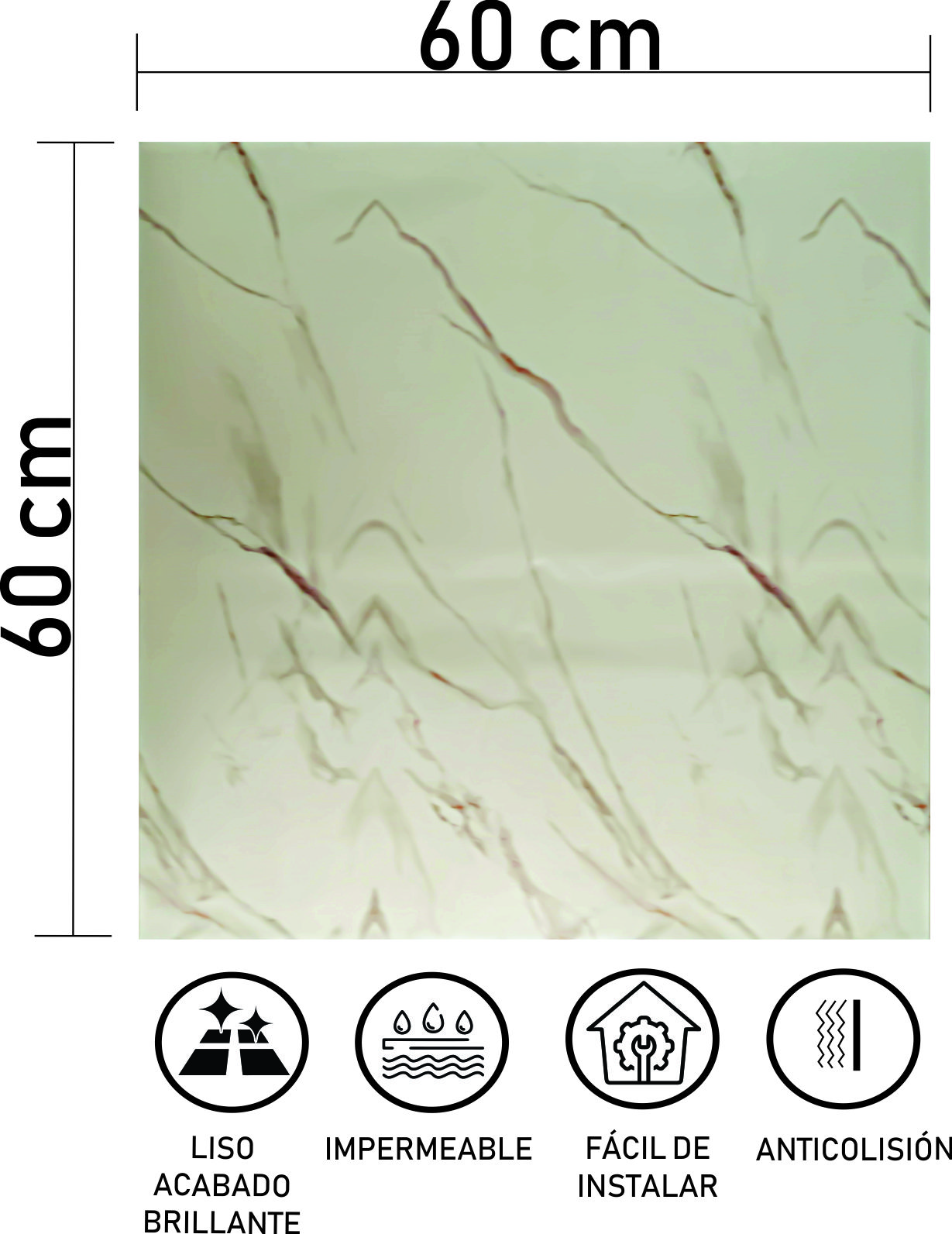 Panel Decorativo Estilo Mármol Blanco 1pza 60cm X 60cm Pm08