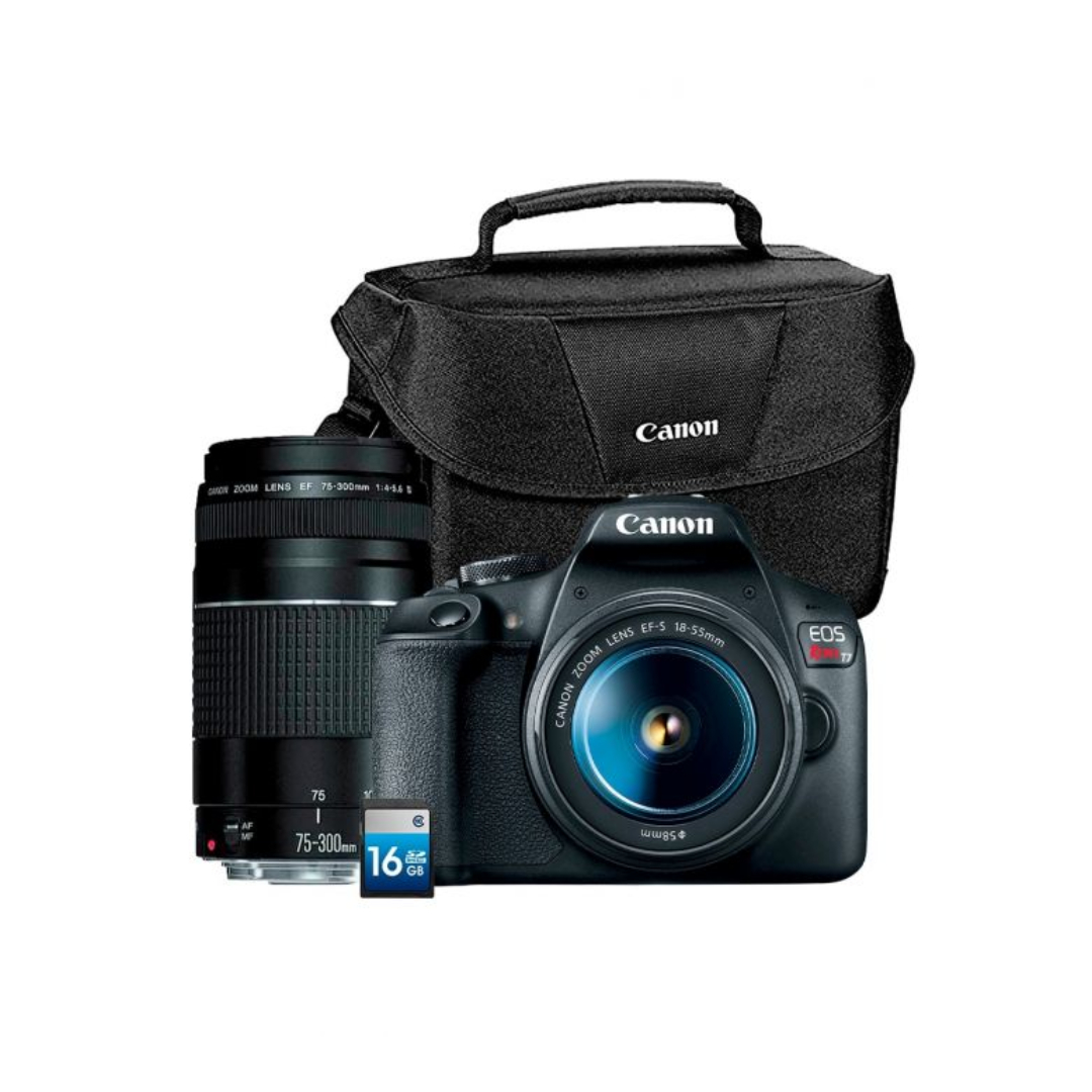 Kit Camara Canon EOS Rebel T7 EF-S 18-55mm + EF 75-300mm + Maleta 200ES+ Tarjeta de memoria 16GB