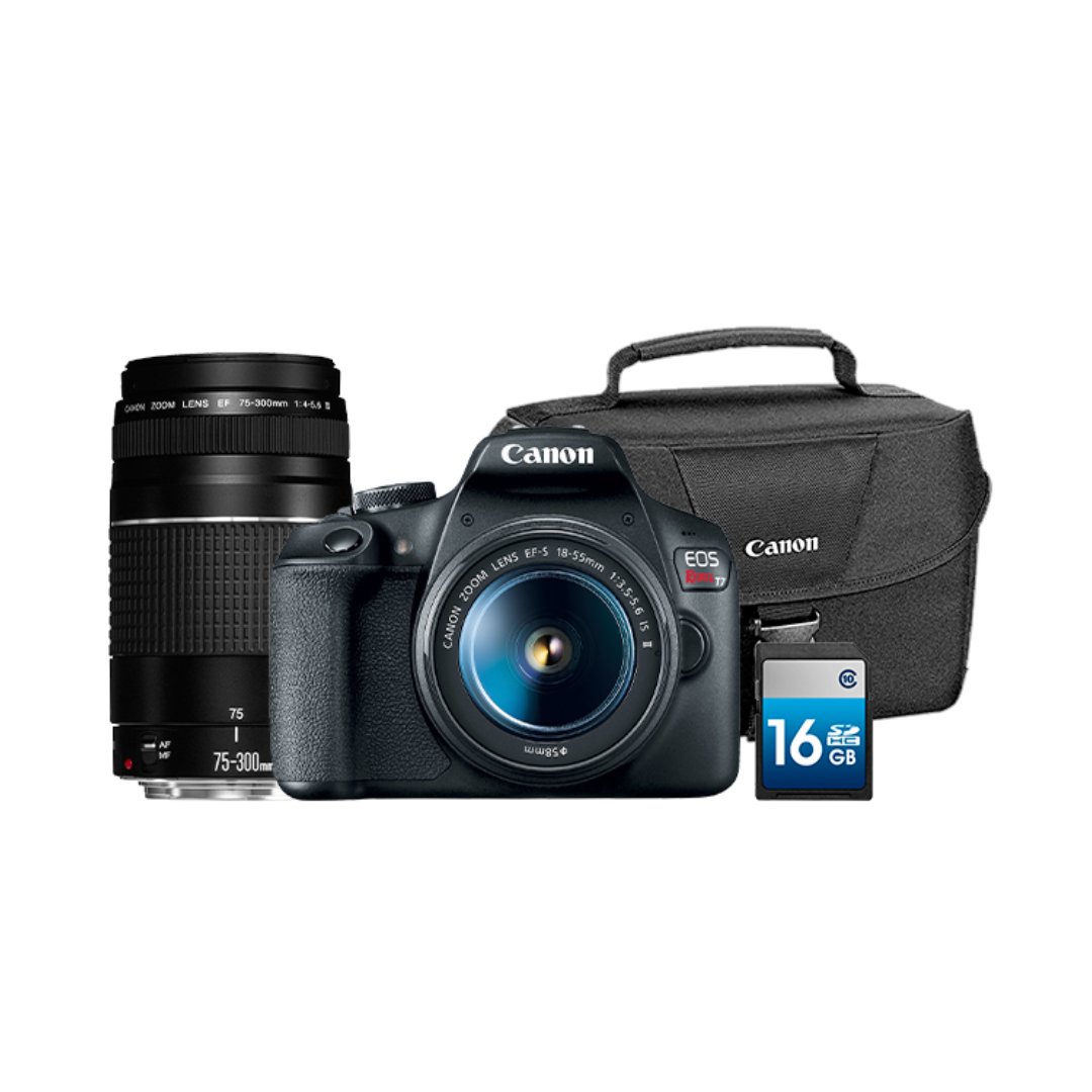 Kit Camara Canon EOS Rebel T7 EF-S 18-55mm + EF 75-300mm + Maleta 200ES+ Tarjeta de memoria 16GB