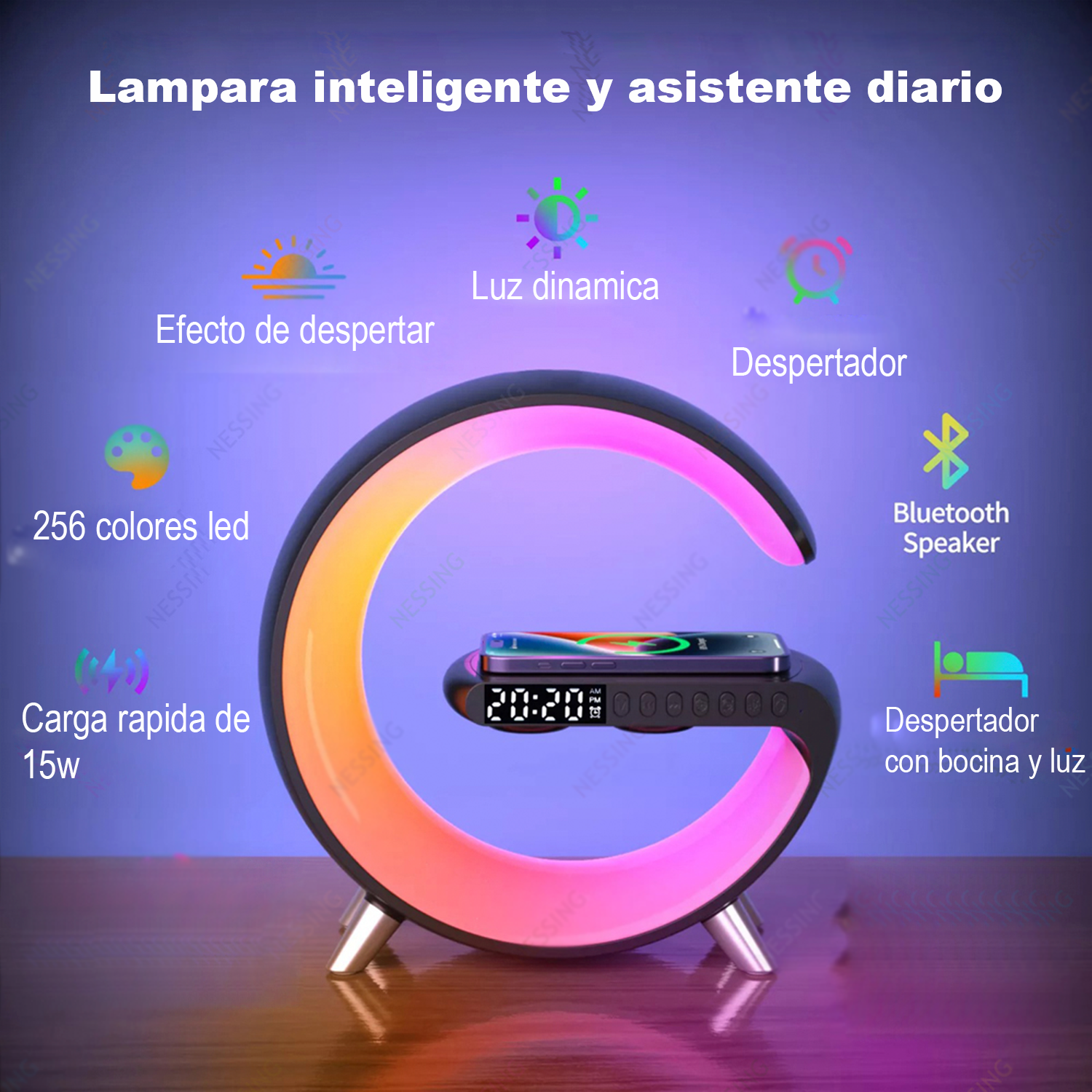 Lampara Rgb Con Cargador Inalámbrico Carga Rápida Bocina Bluetooth iPhone Samsung