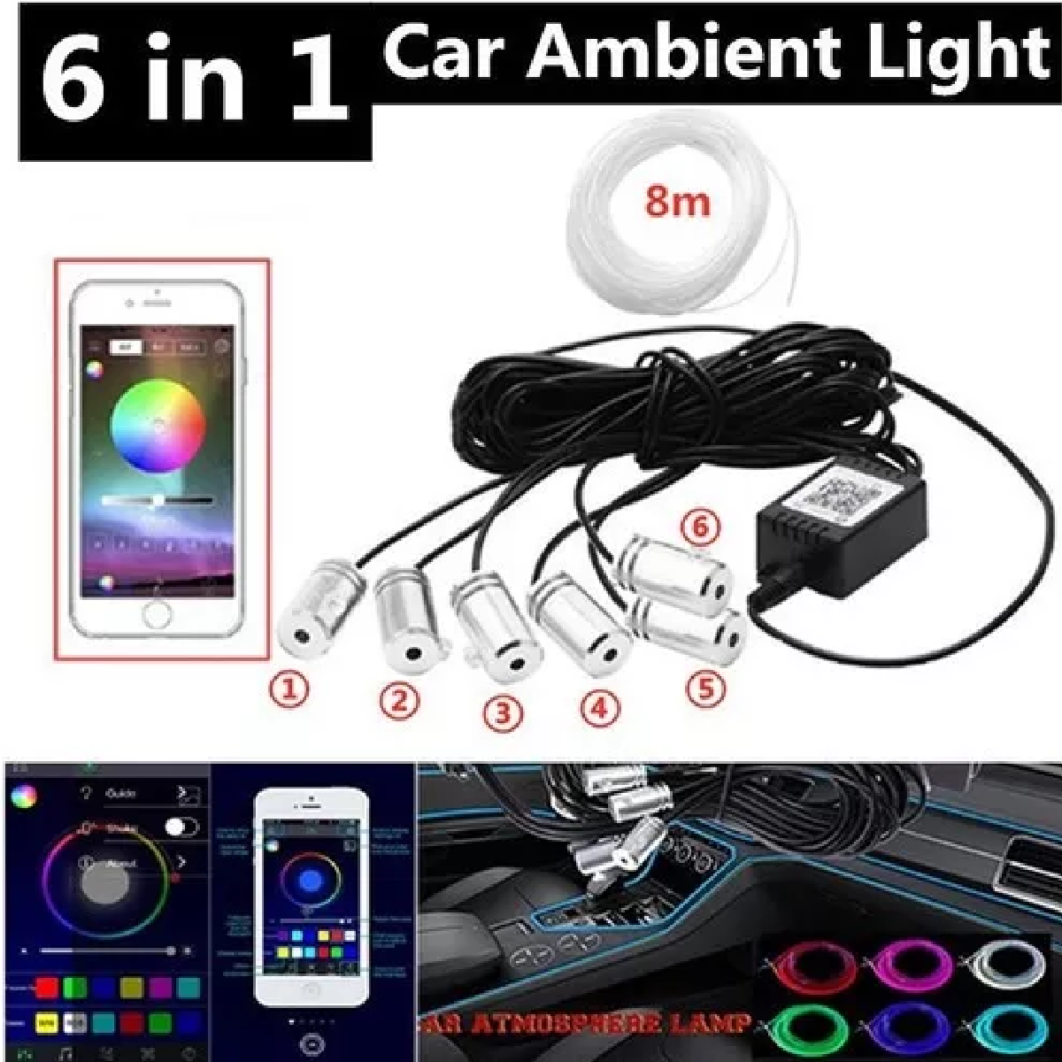 Luces interiores de coche, tira de luz LED RGB para coche, 5 en 1, con fibra