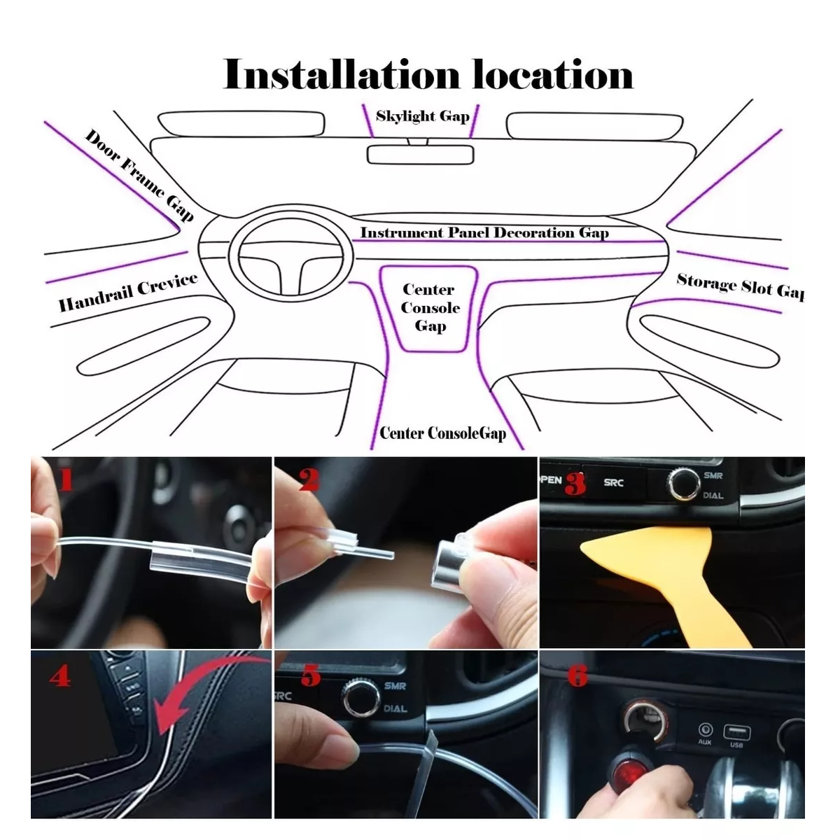 Kit Tiras De Fibra Óptica Light 6 En 1 Rgb Interior Auto