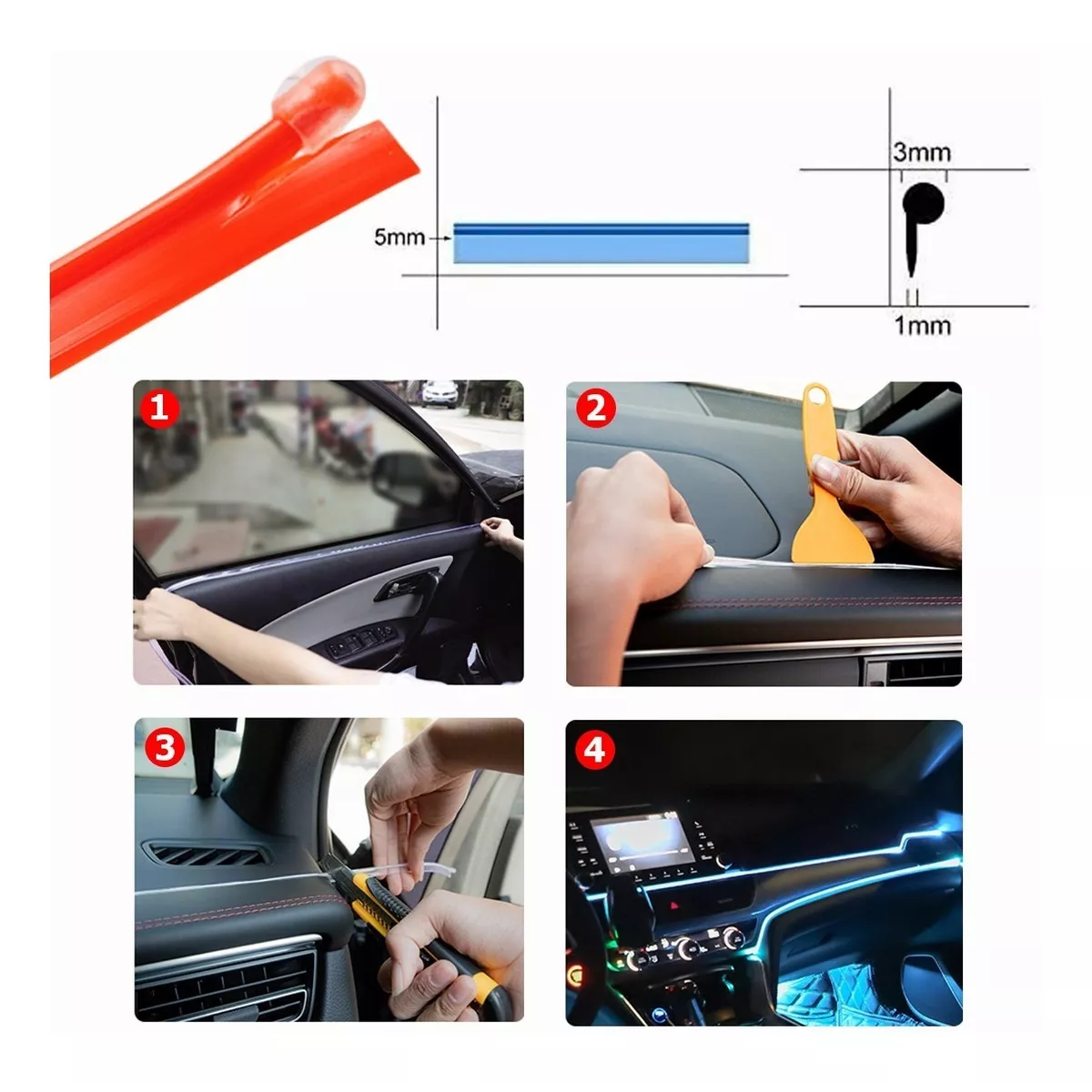 Hilo 3m Luminoso Luz Neon Dj Cable Auto Led Tira Rojo