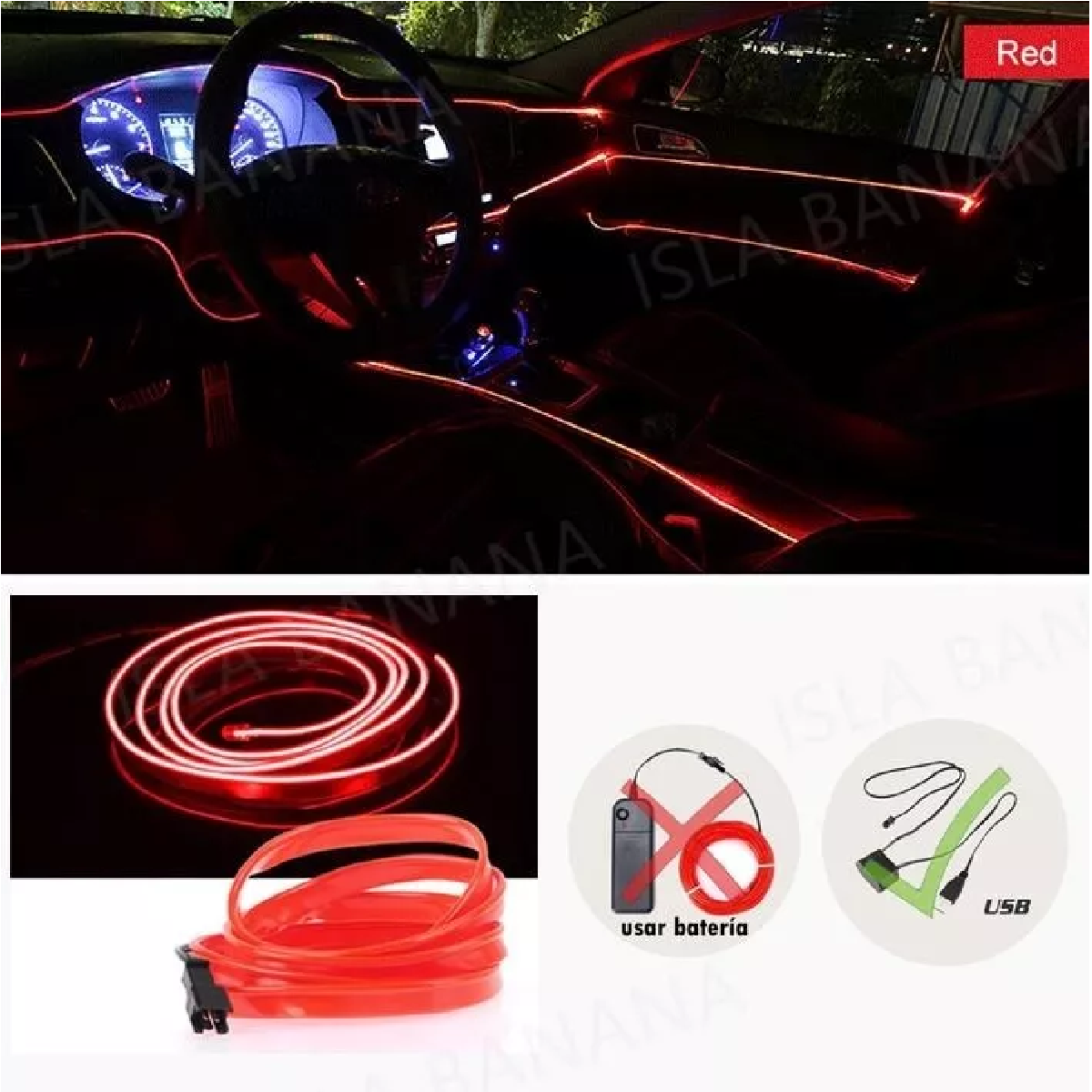 Hilo 3m Luminoso Luz Neon Dj Cable Auto Led Tira Rojo